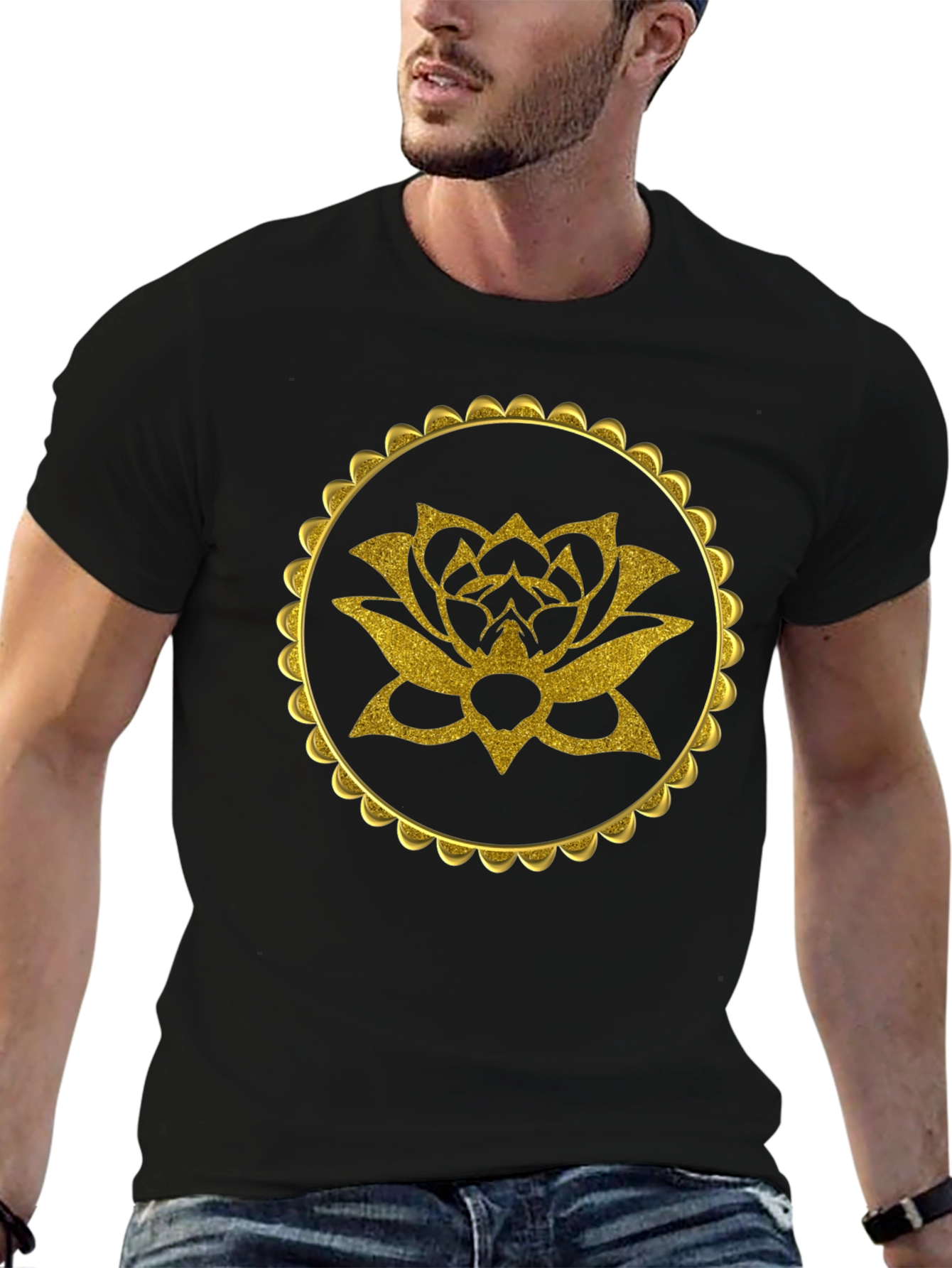 Gold Lotus Flower Graphic Black T-Shirt