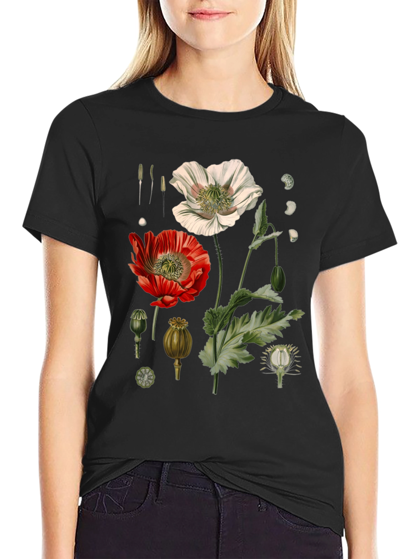 Botanical Floral Print Black T-Shirt