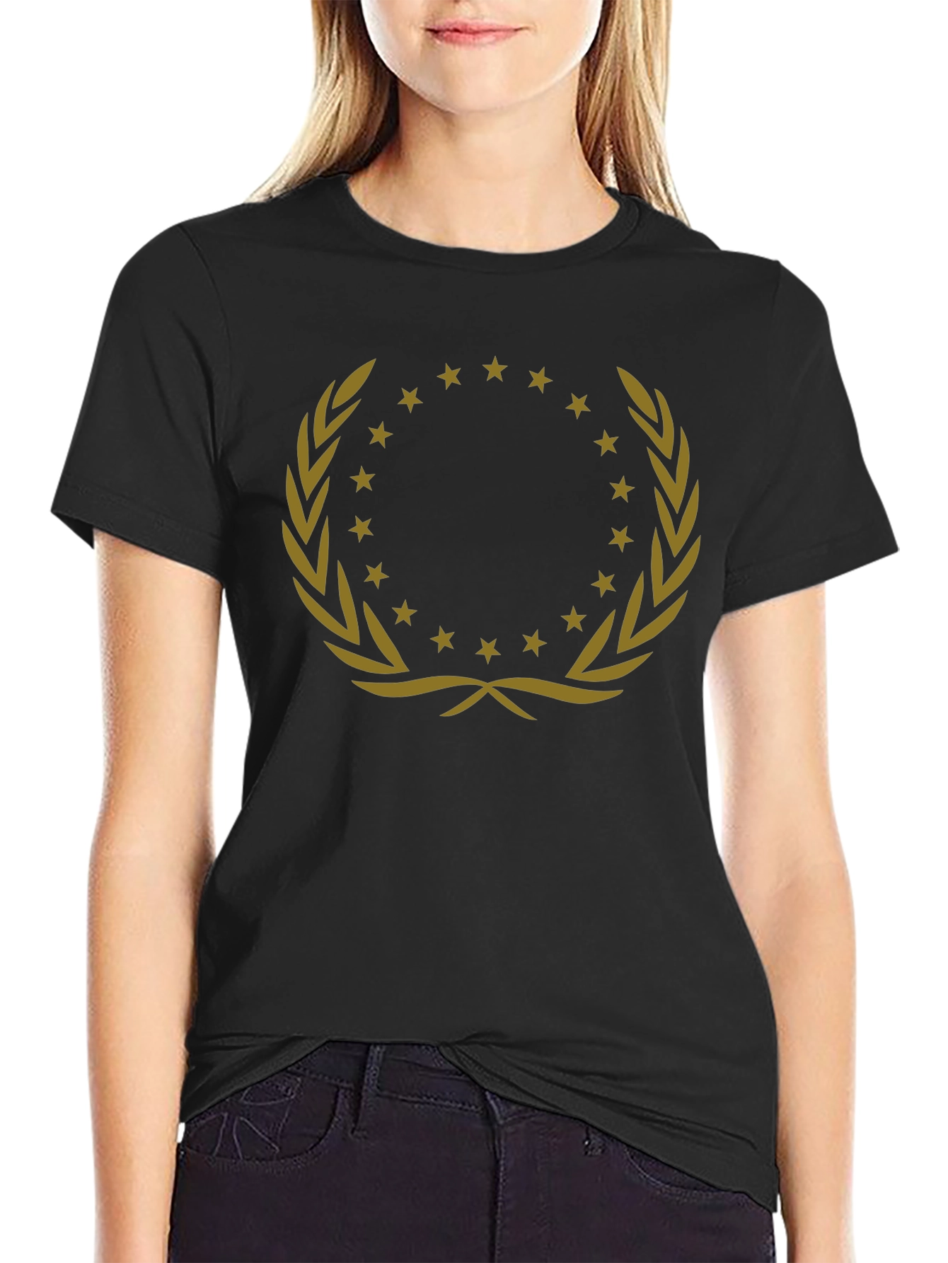 Elegant Black T-Shirt with Gold Wreath Design