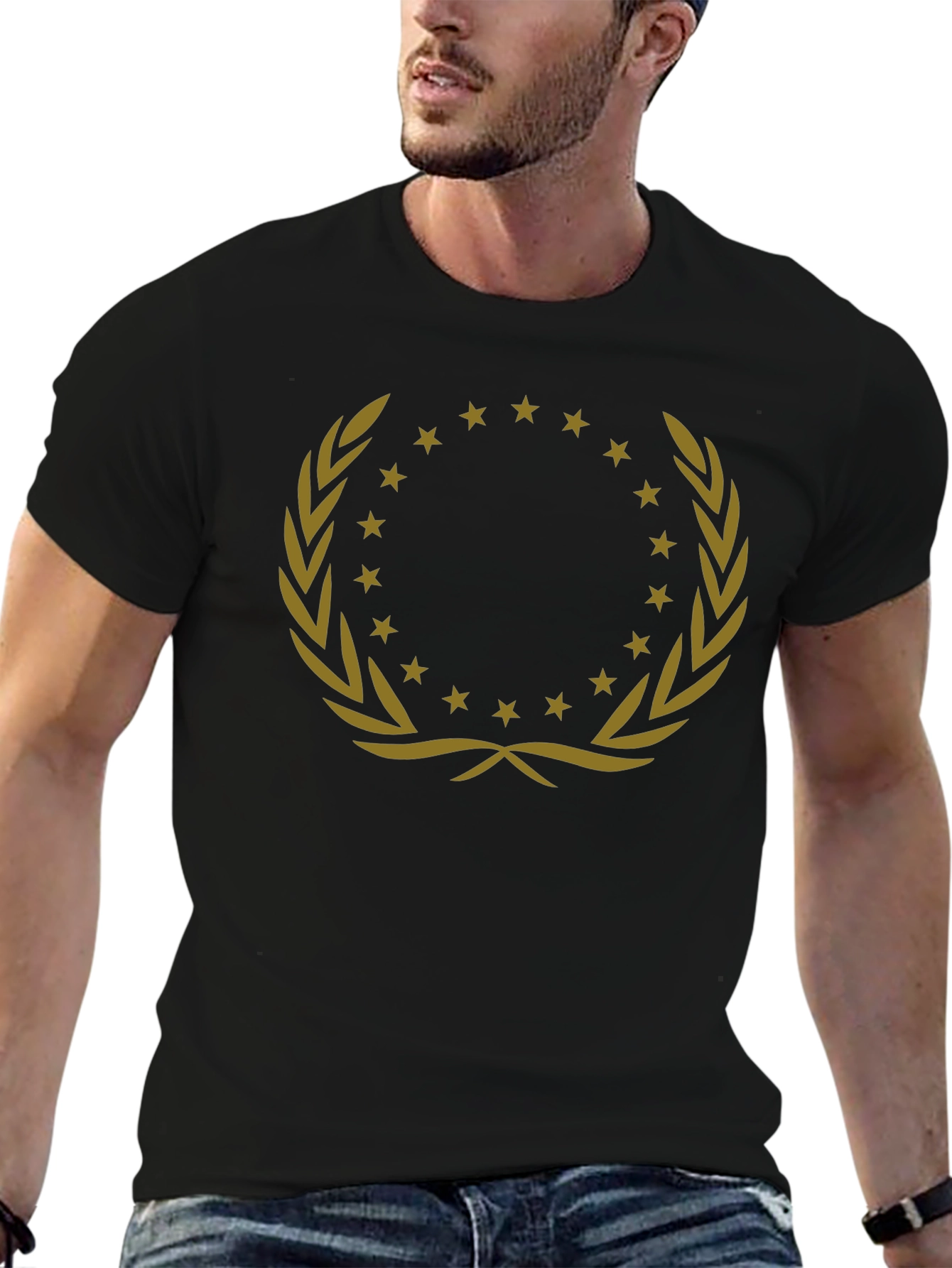 Elegant Black T-Shirt with Gold Wreath Design