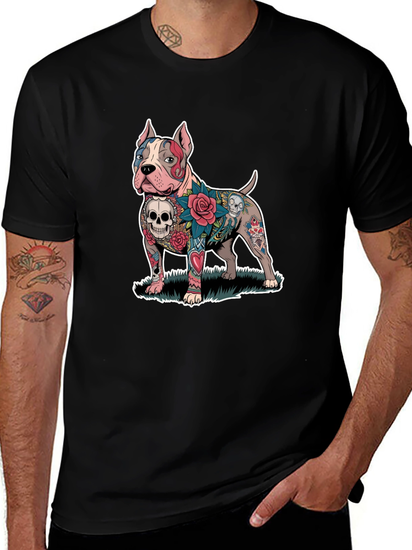 Tattooed Pitbull Dog Graphic Tee - Unique Design
