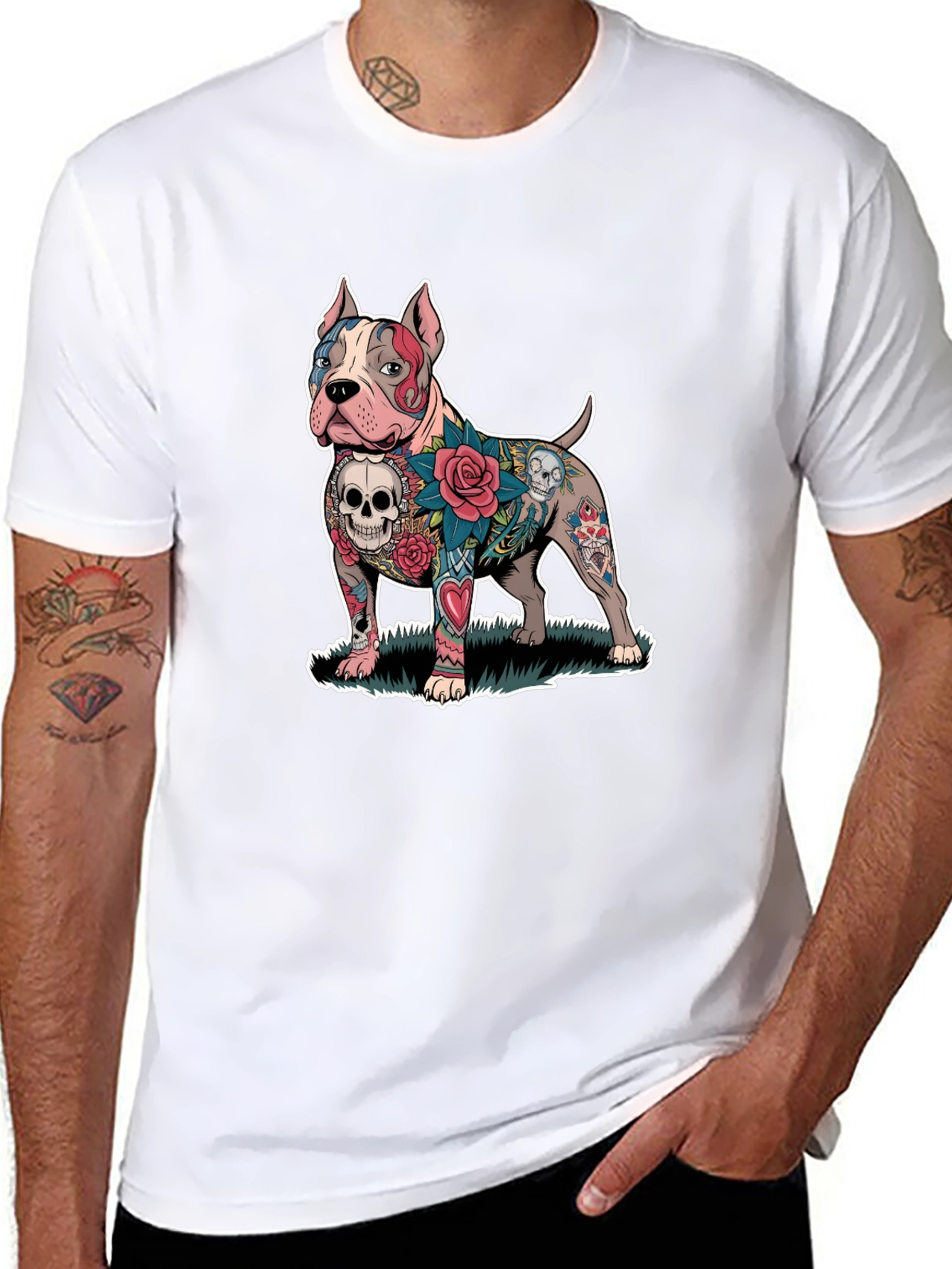 Tattooed Pitbull Dog Graphic Tee - Unique Design