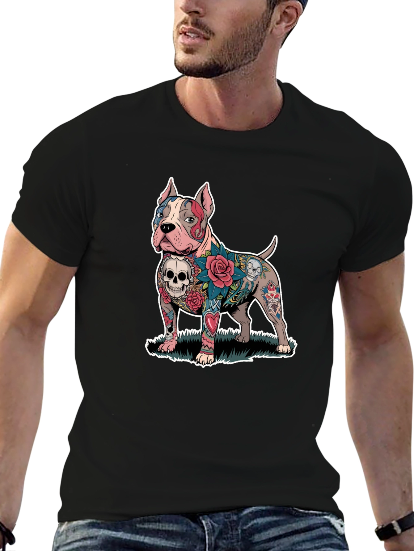 Tattooed Pitbull Dog Graphic Tee - Unique Design