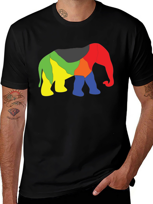 Colorful Elephant Graphic Tee - Black Cotton Blend