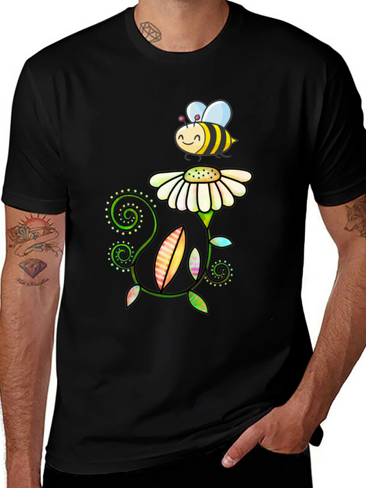Bee and Flower Graphic Tee - Black Cotton T-Shirt