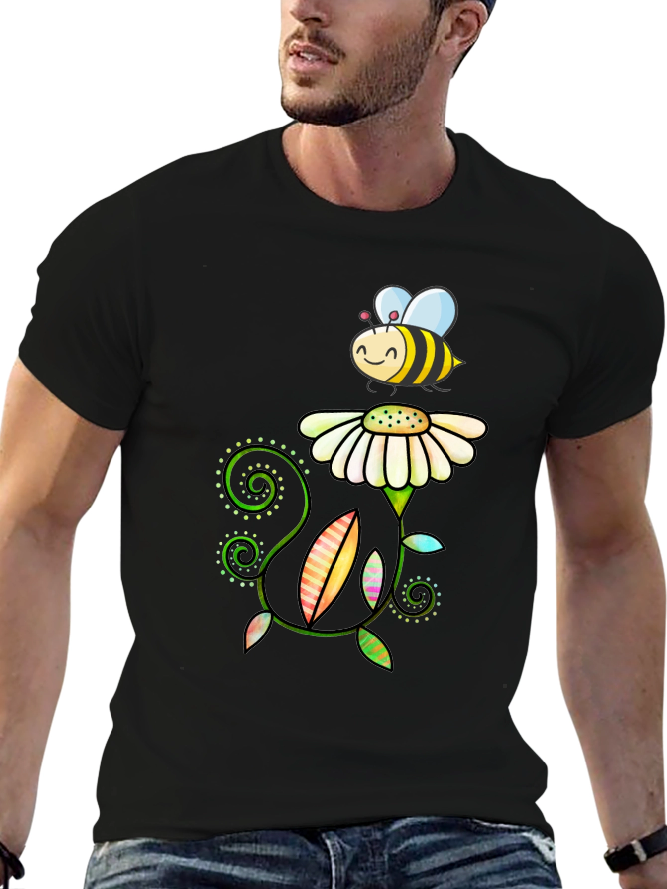 Bee and Flower Graphic Tee - Black Cotton T-Shirt