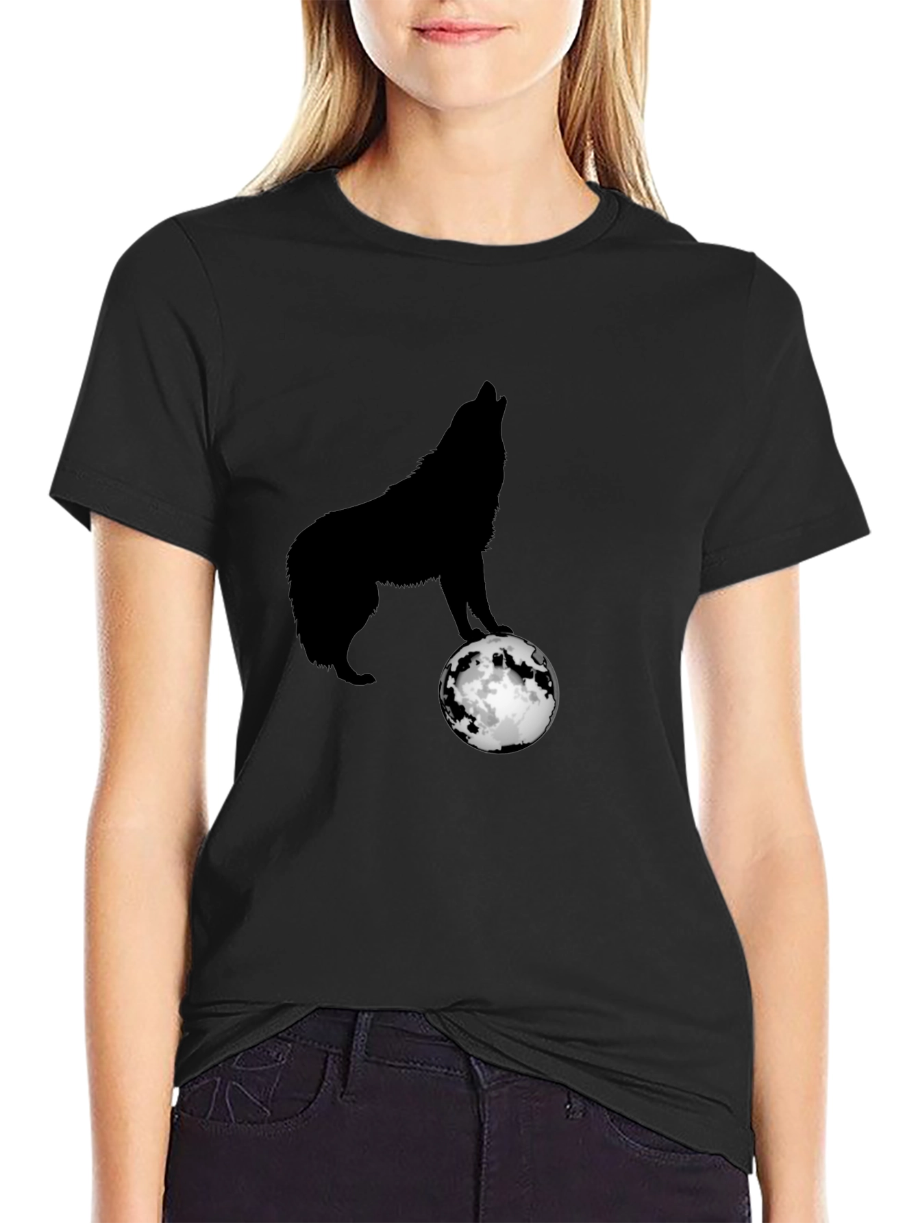 Wolf Howling at Moon Graphic T-Shirt - Black