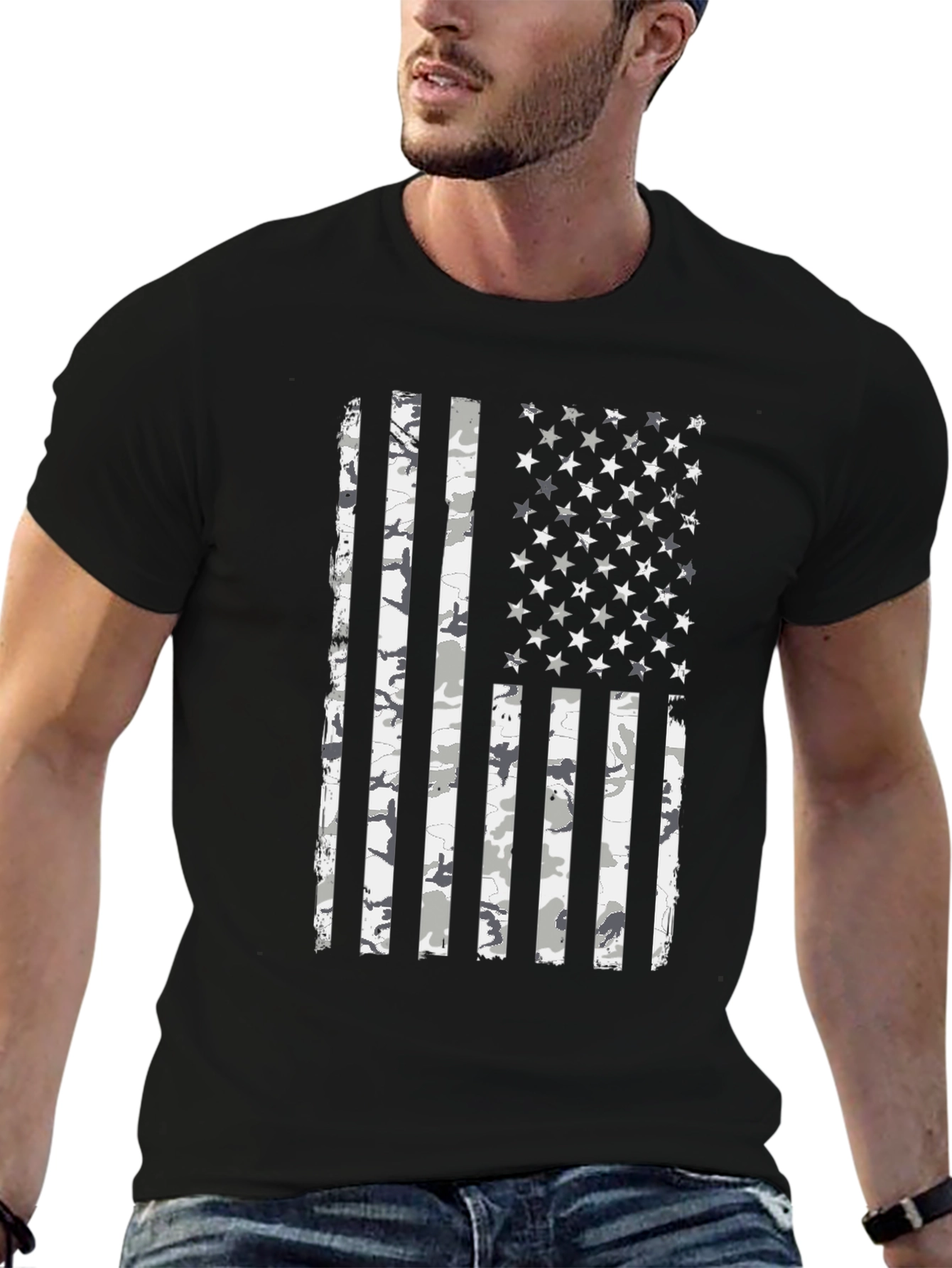 Distressed American Flag Camo Print Black T-Shirt