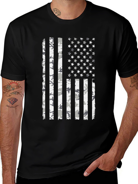 Distressed American Flag Camo Print Black T-Shirt