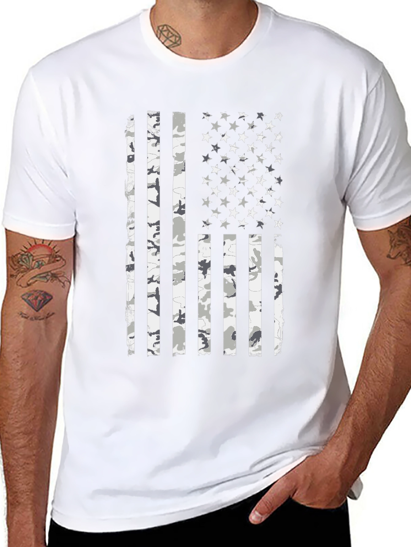 Distressed American Flag Camo Print Black T-Shirt