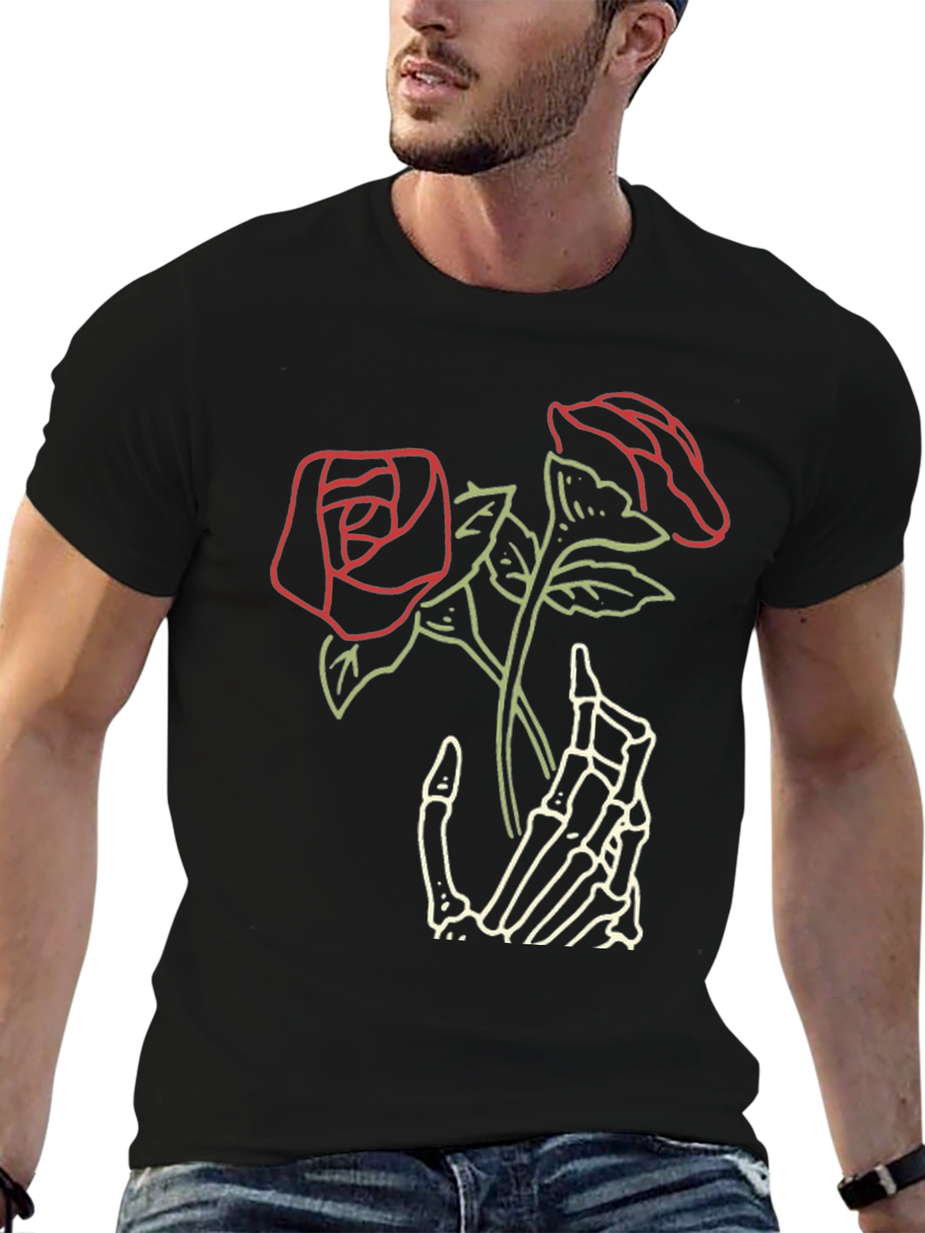 Skeleton Hand Roses Graphic Tee - Dark Aesthetic