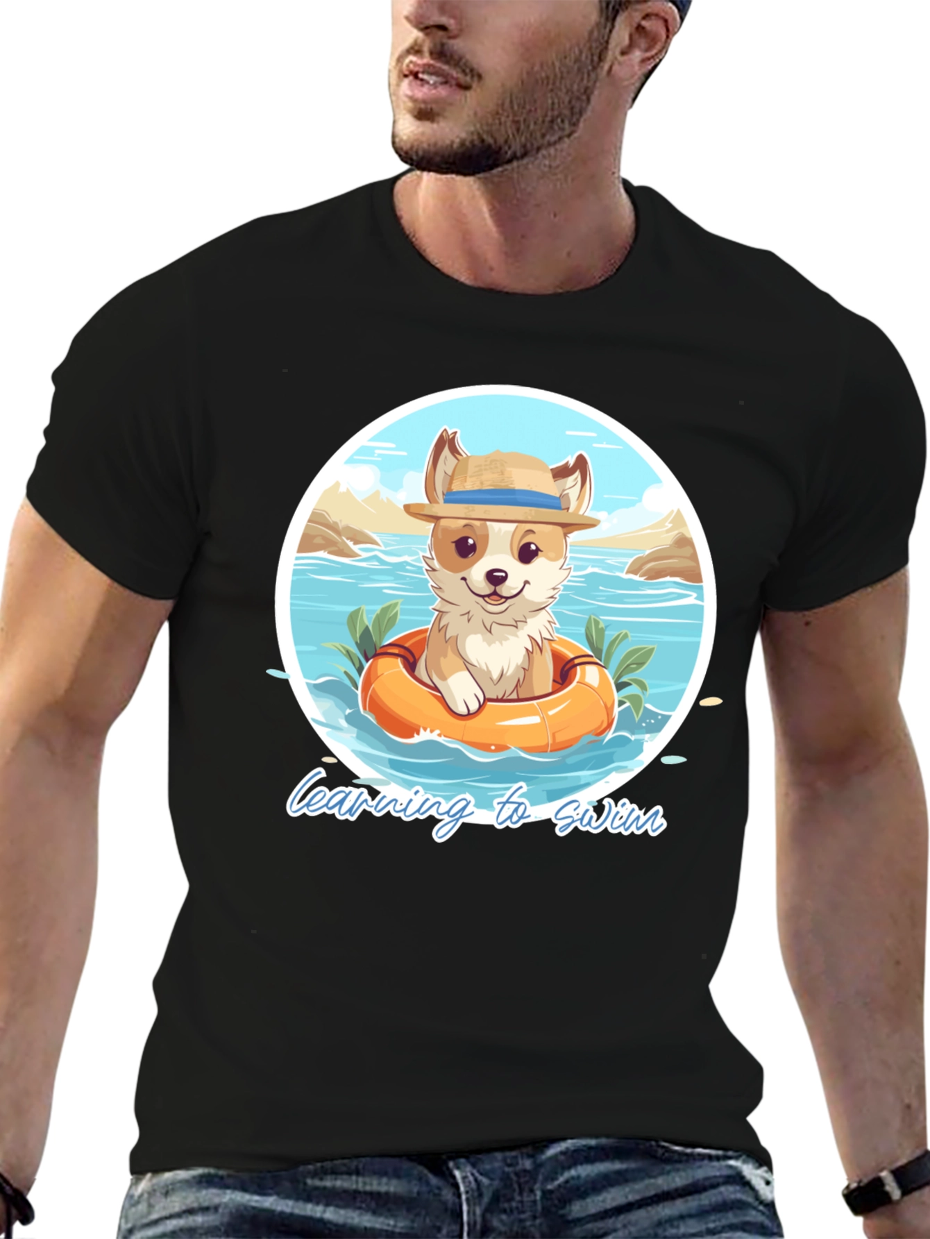 Cute Dog Learning to Swim Graphic T-Shirt