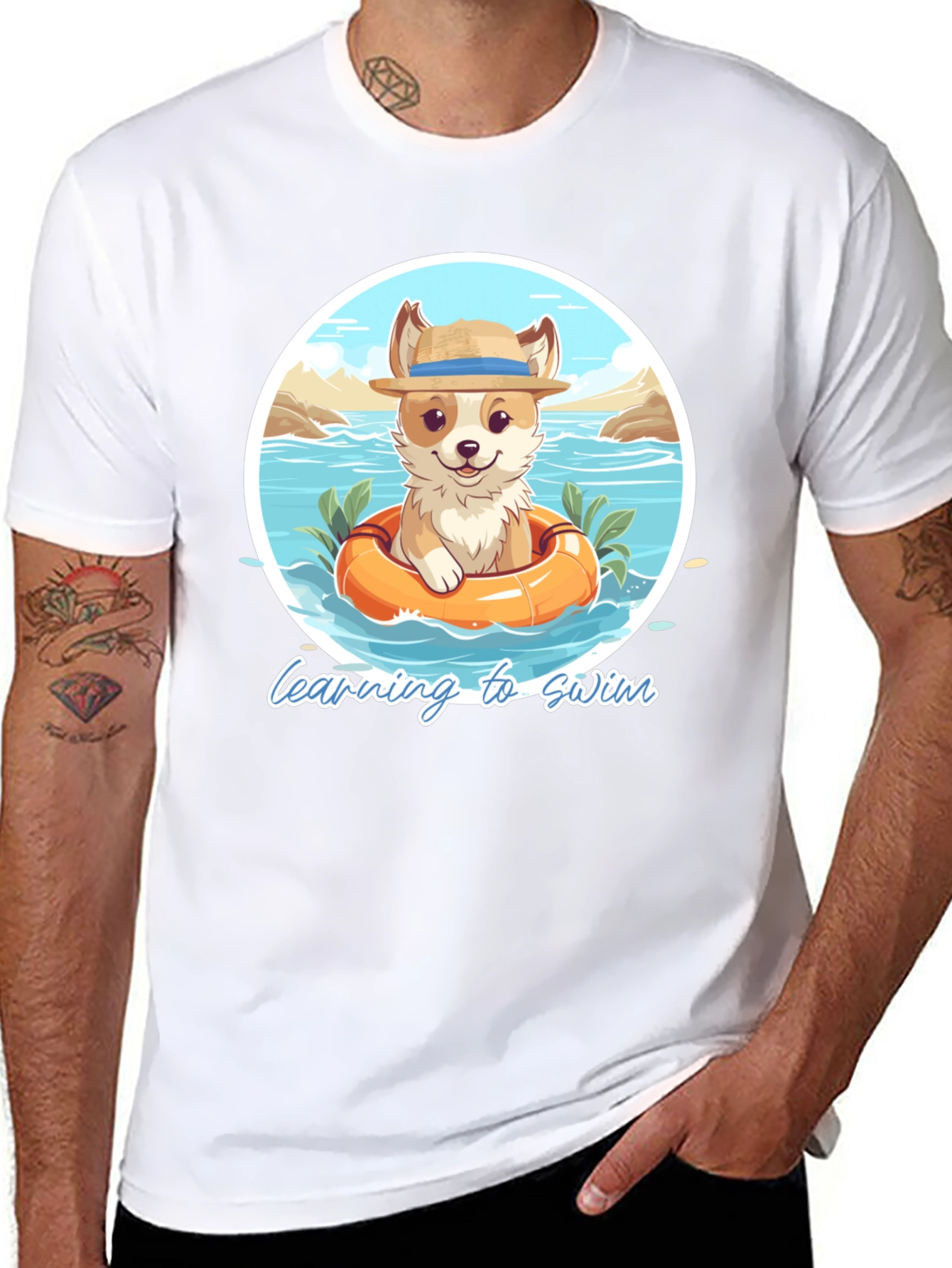 Cute Dog Learning to Swim Graphic T-Shirt