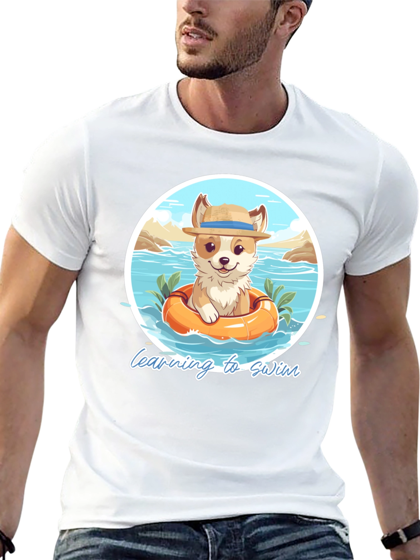 Cute Dog Learning to Swim Graphic T-Shirt