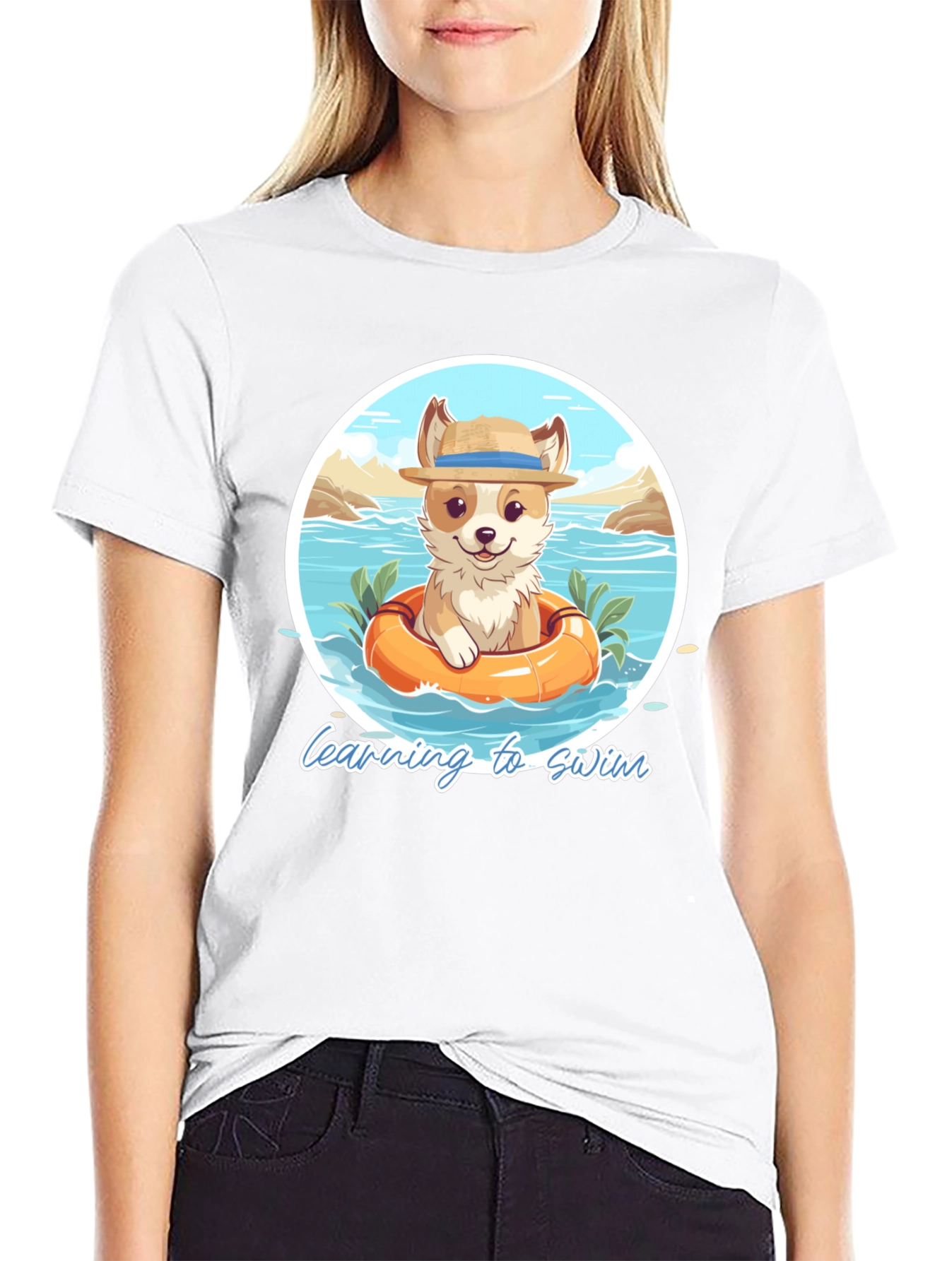 Cute Dog Learning to Swim Graphic T-Shirt
