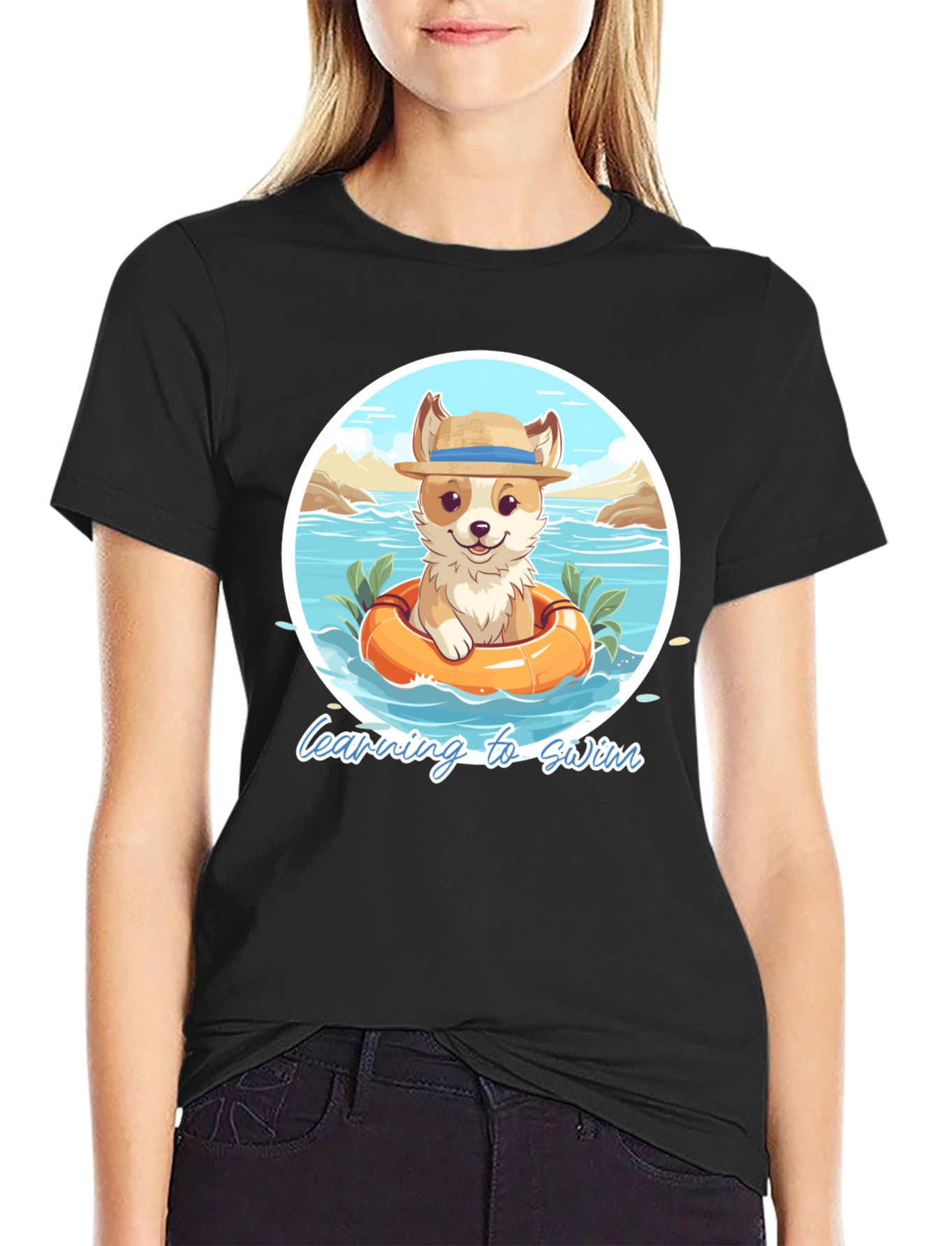 Cute Dog Learning to Swim Graphic T-Shirt