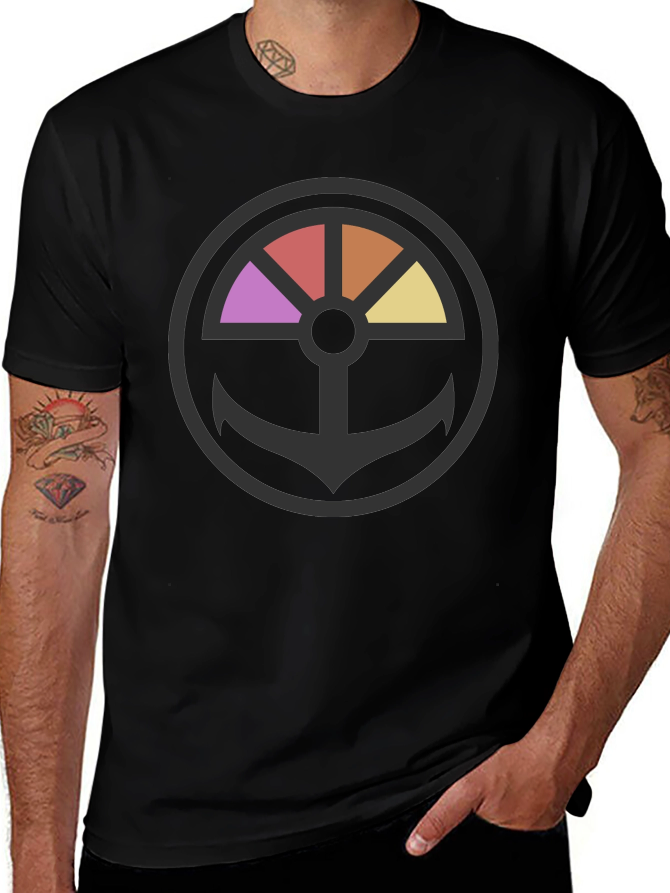 Stylish Anchor Wheel Graphic Black T-Shirt