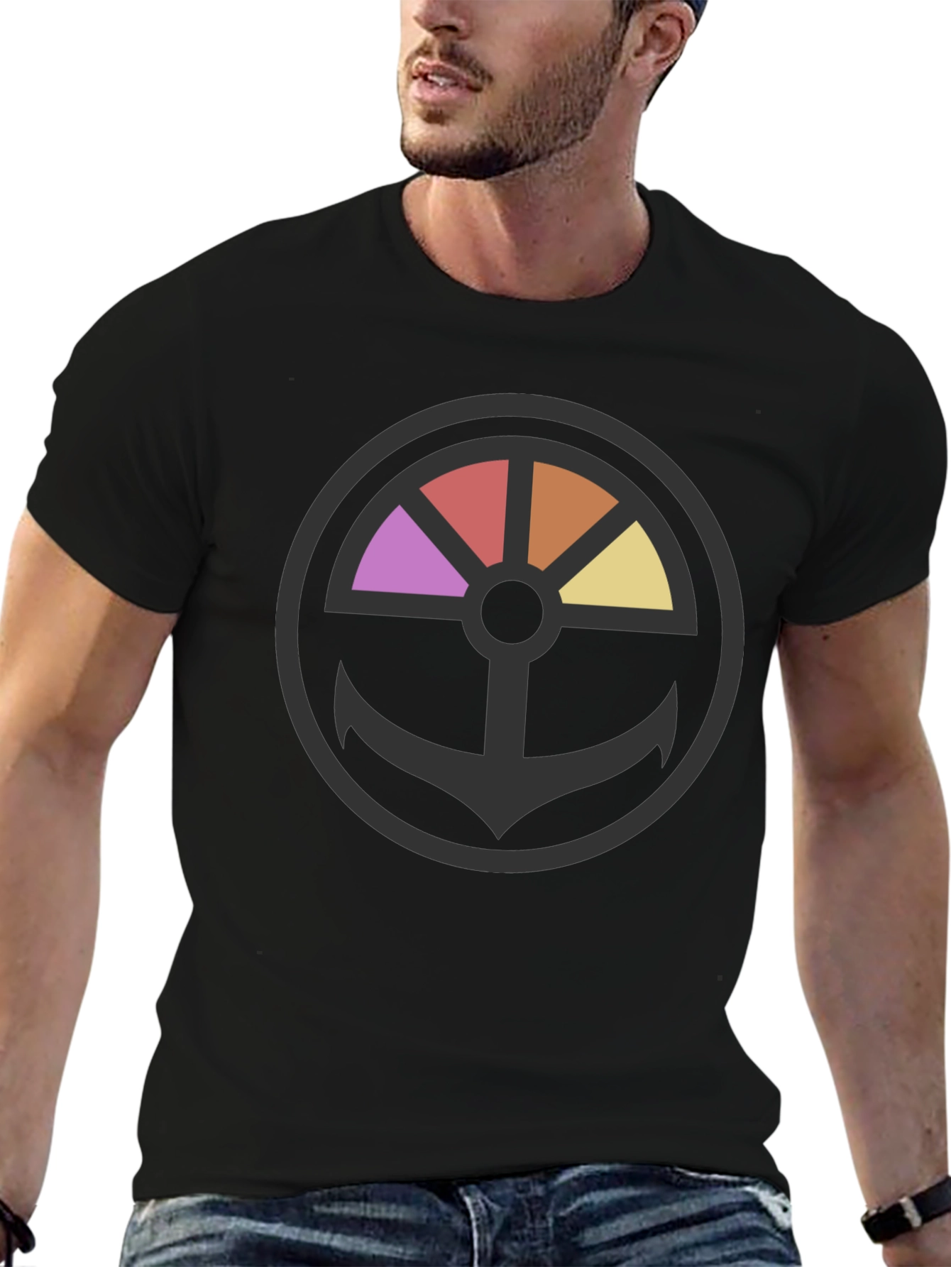 Stylish Anchor Wheel Graphic Black T-Shirt