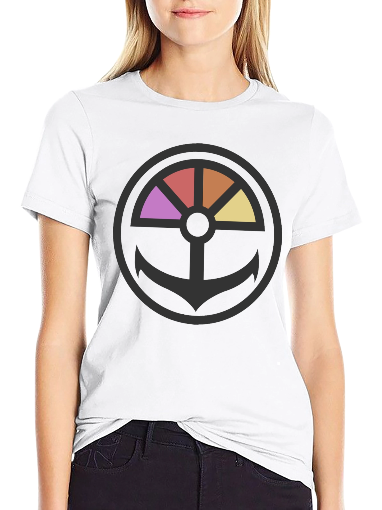 Stylish Anchor Wheel Graphic Black T-Shirt