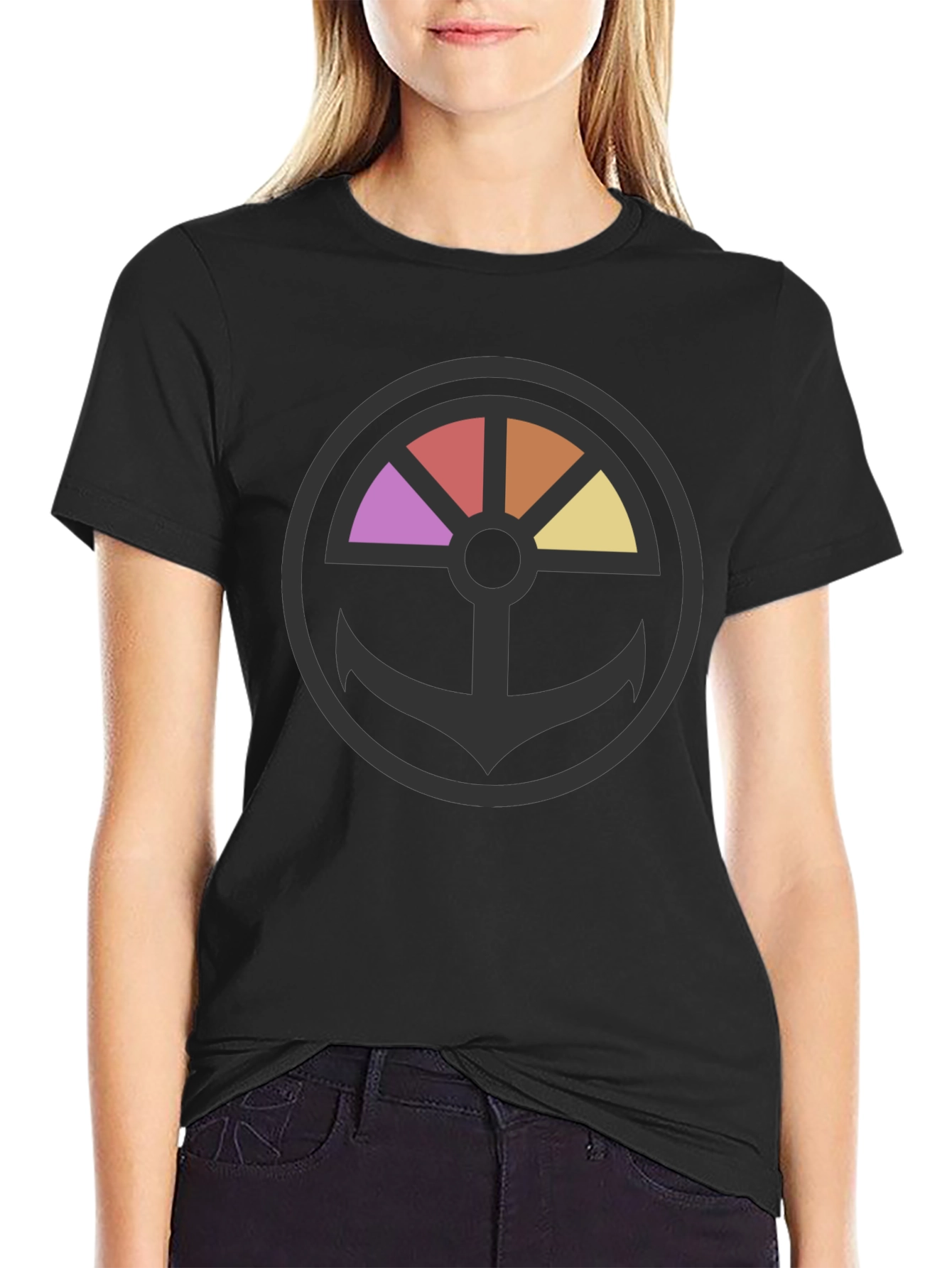 Stylish Anchor Wheel Graphic Black T-Shirt