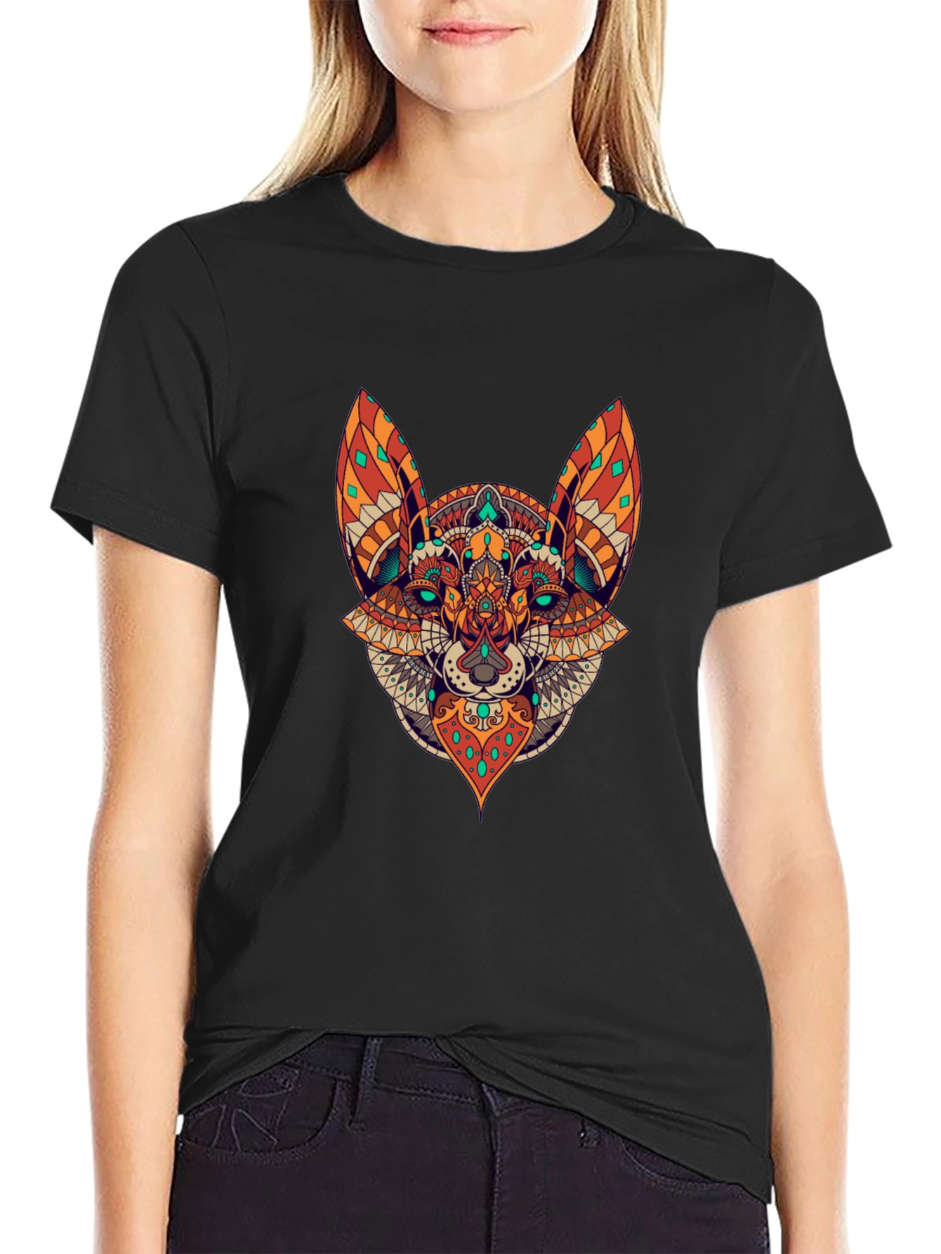 Black T-Shirt with Animal Mandala Design