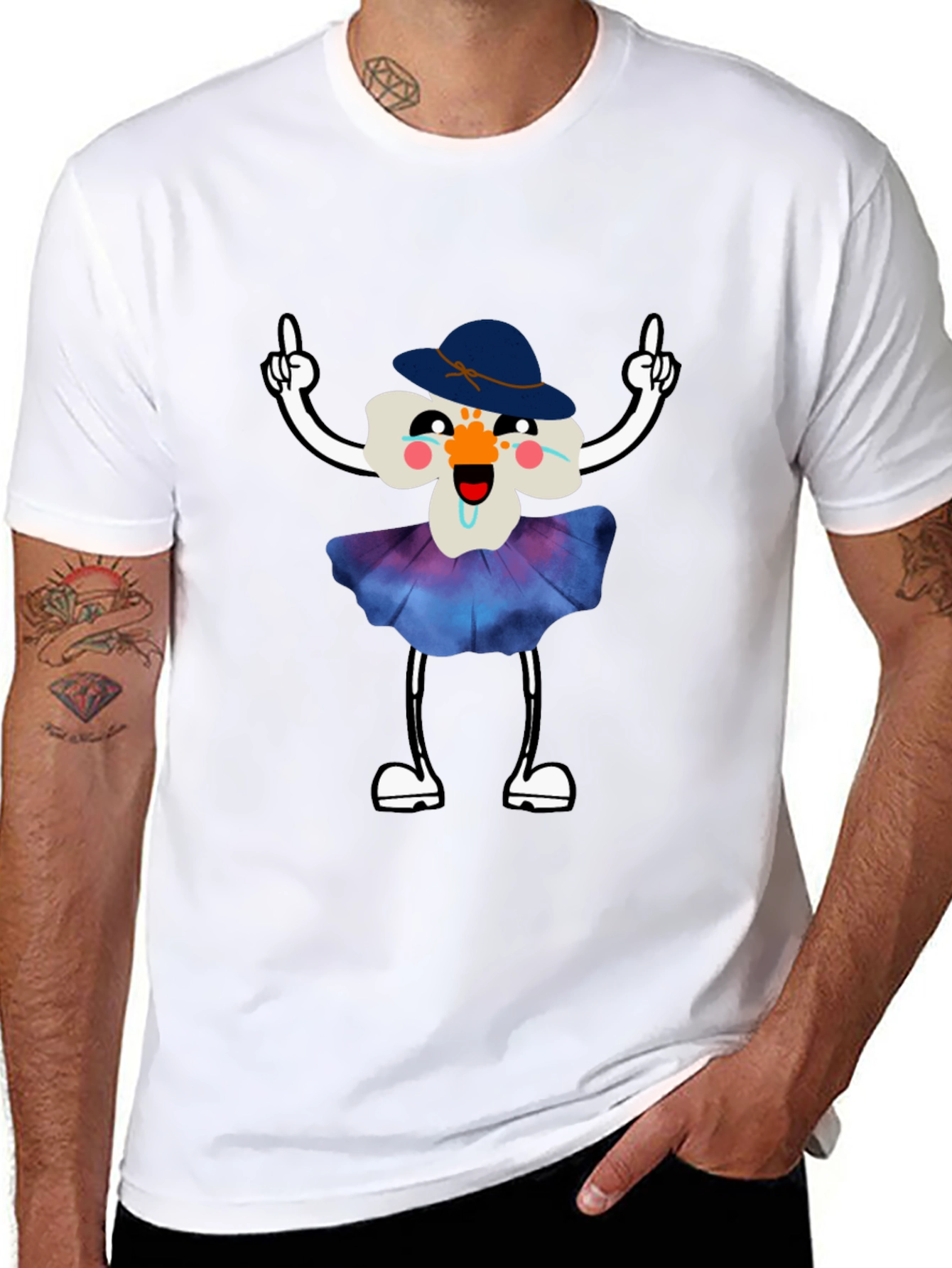 Whimsical Flower Cartoon Black T-Shirt