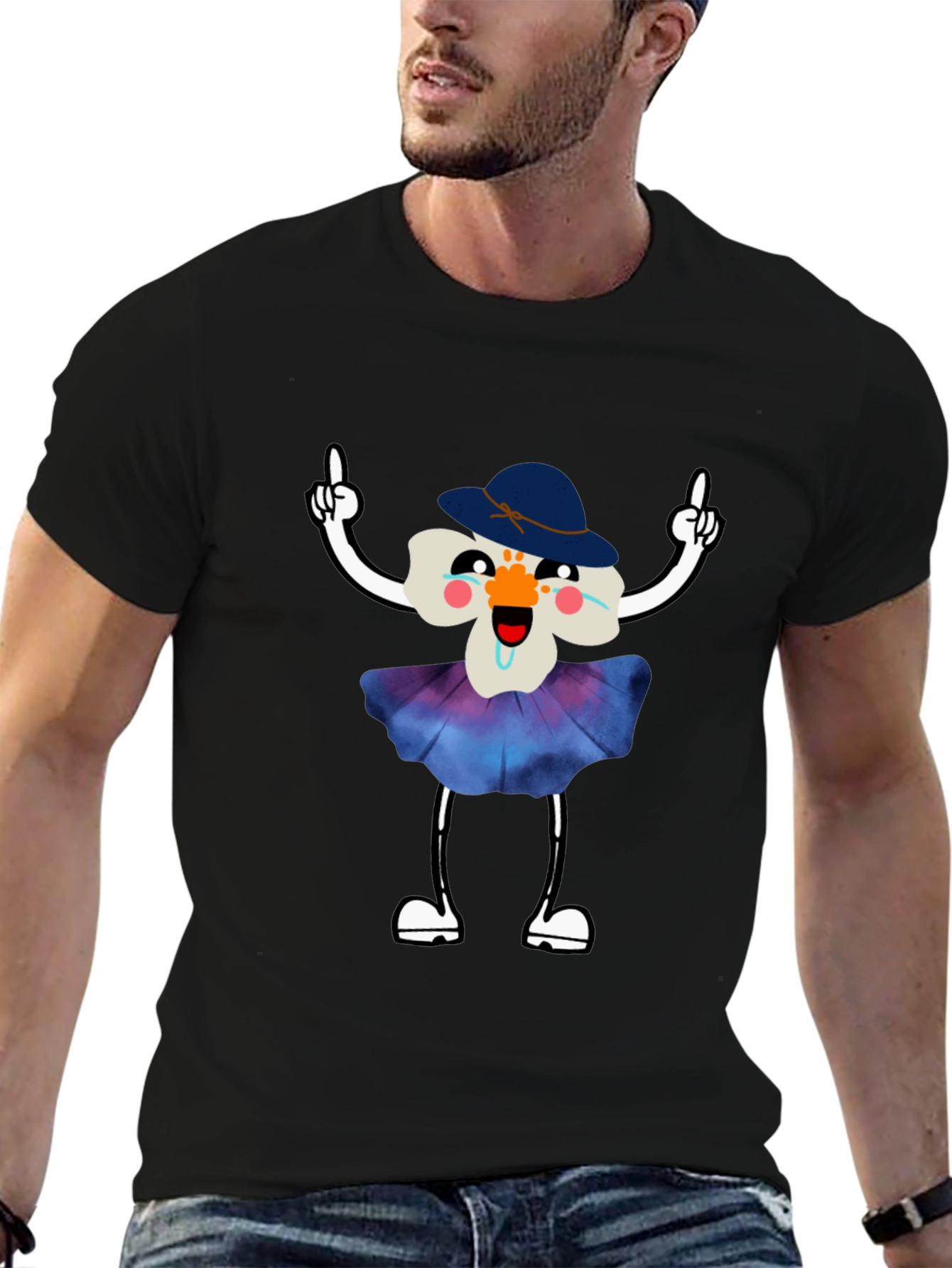 Whimsical Flower Cartoon Black T-Shirt