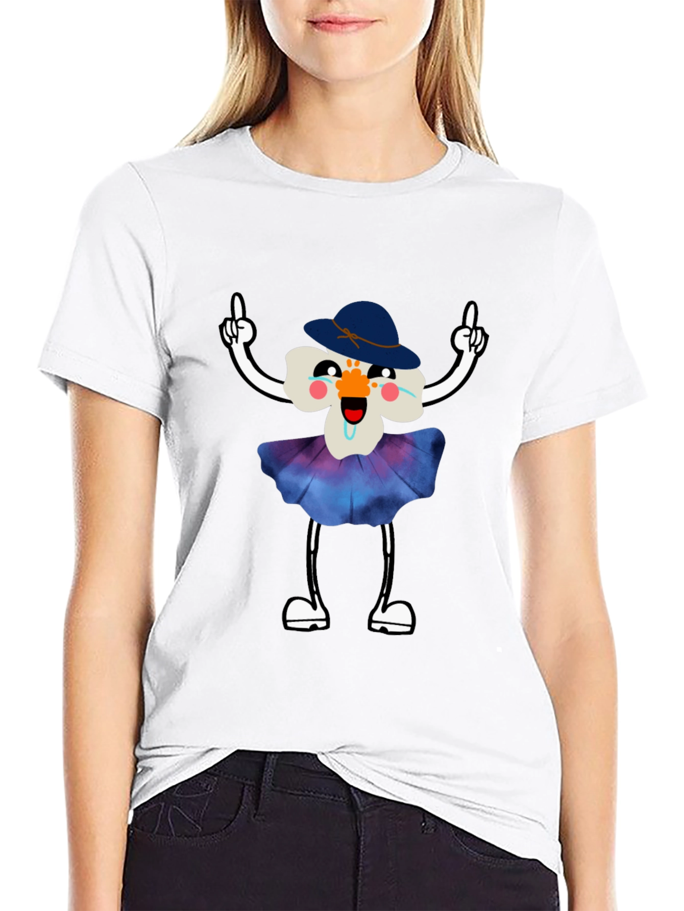 Whimsical Flower Cartoon Black T-Shirt