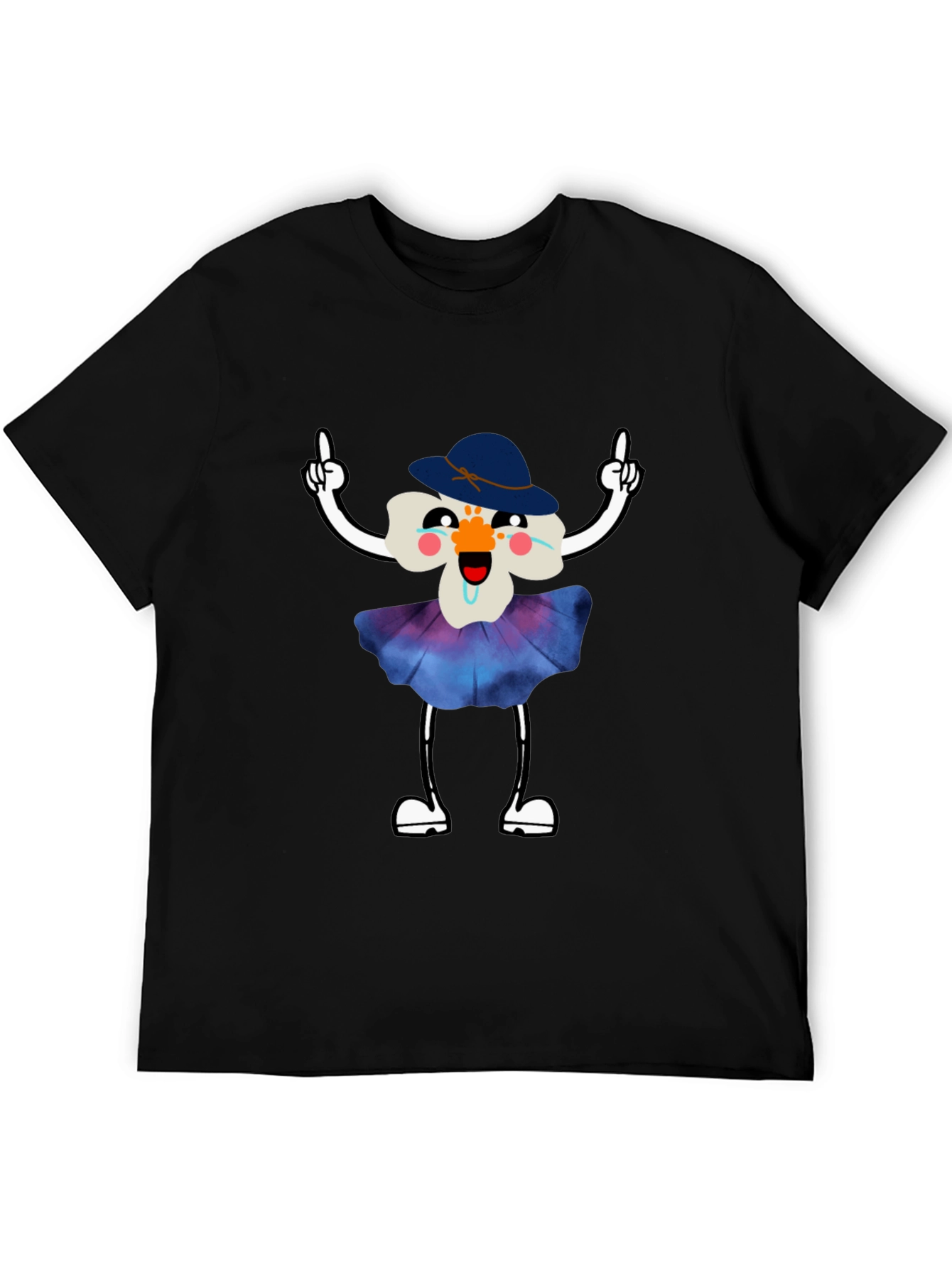 Whimsical Flower Cartoon Black T-Shirt