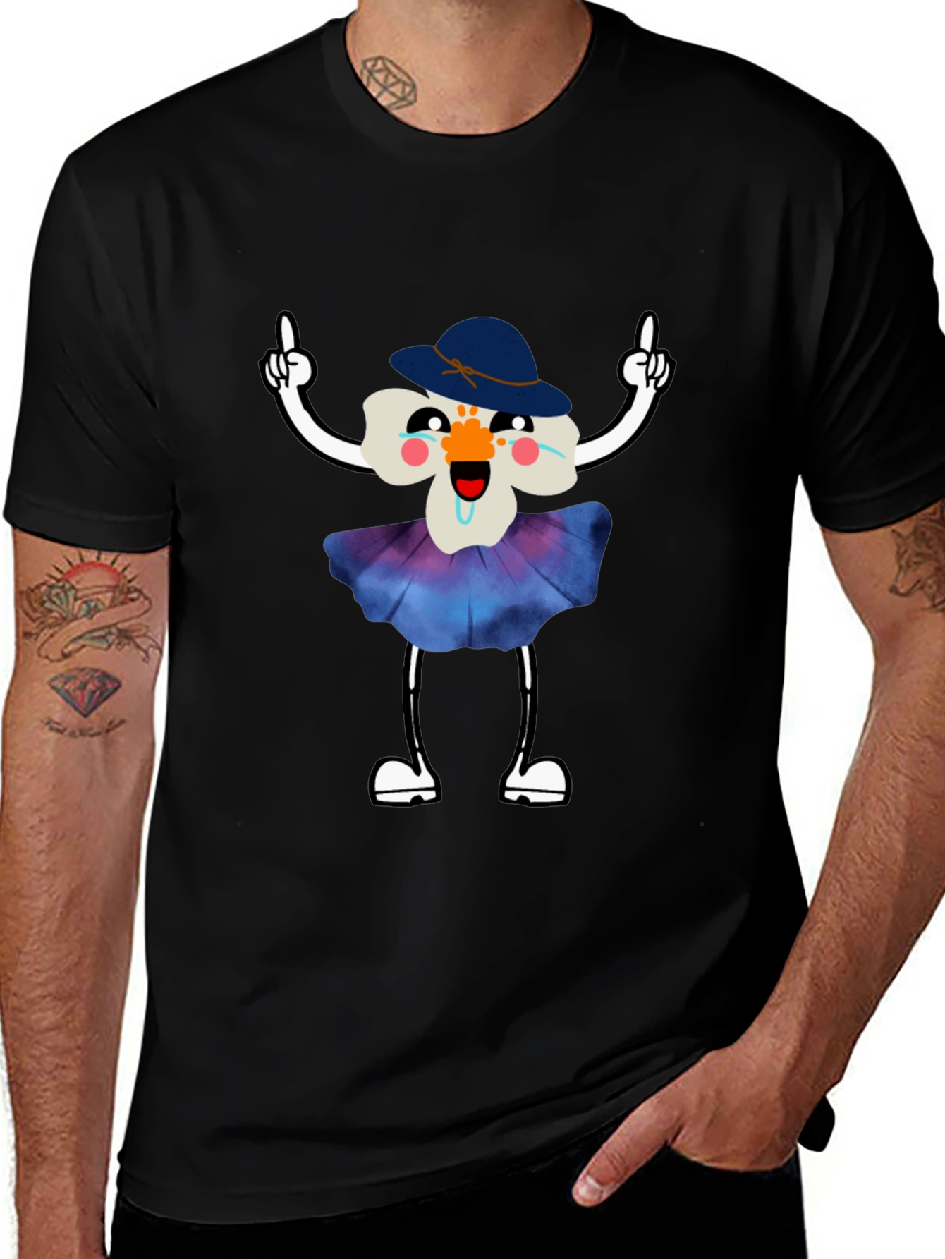 Whimsical Flower Cartoon Black T-Shirt