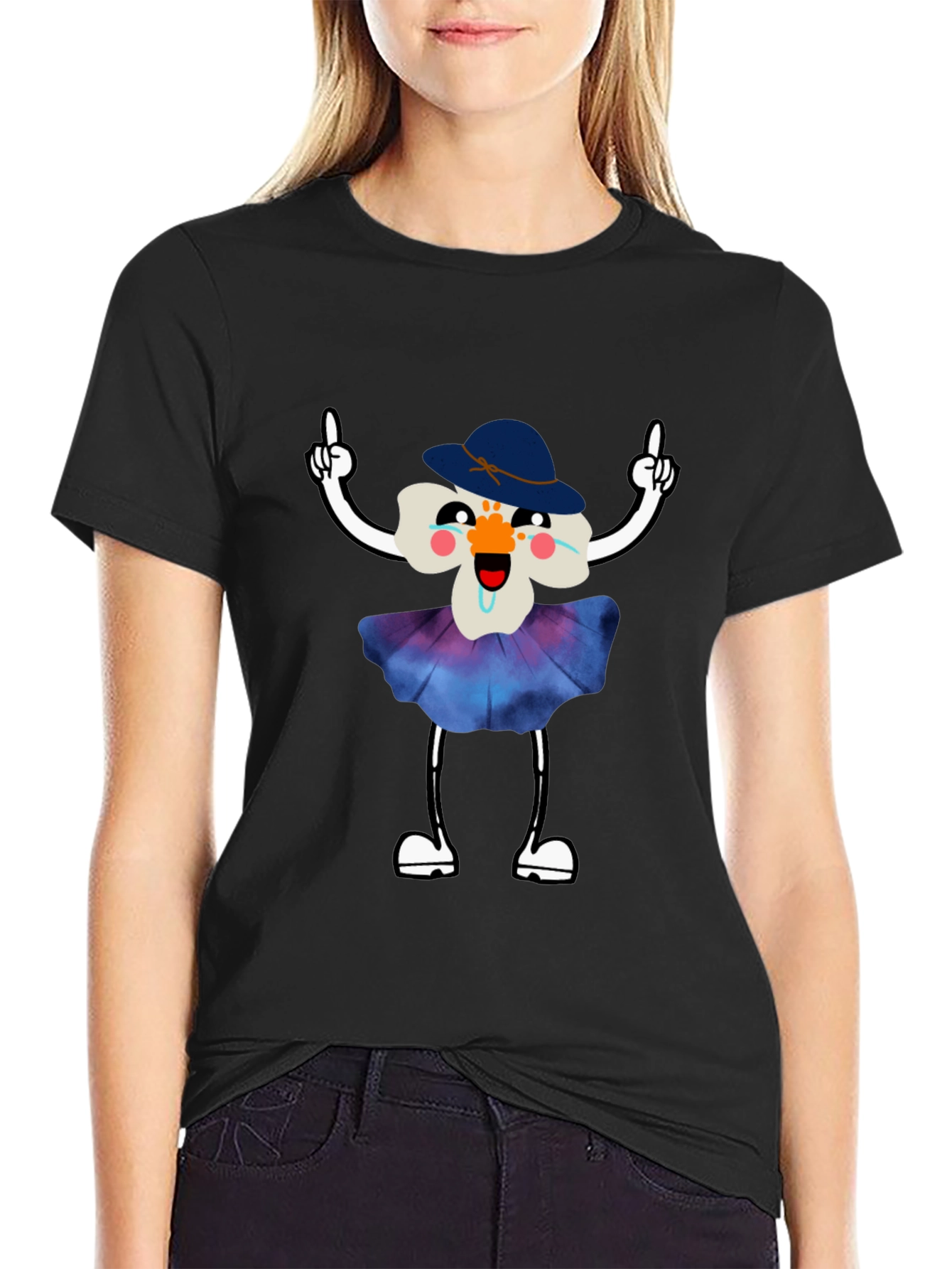 Whimsical Flower Cartoon Black T-Shirt