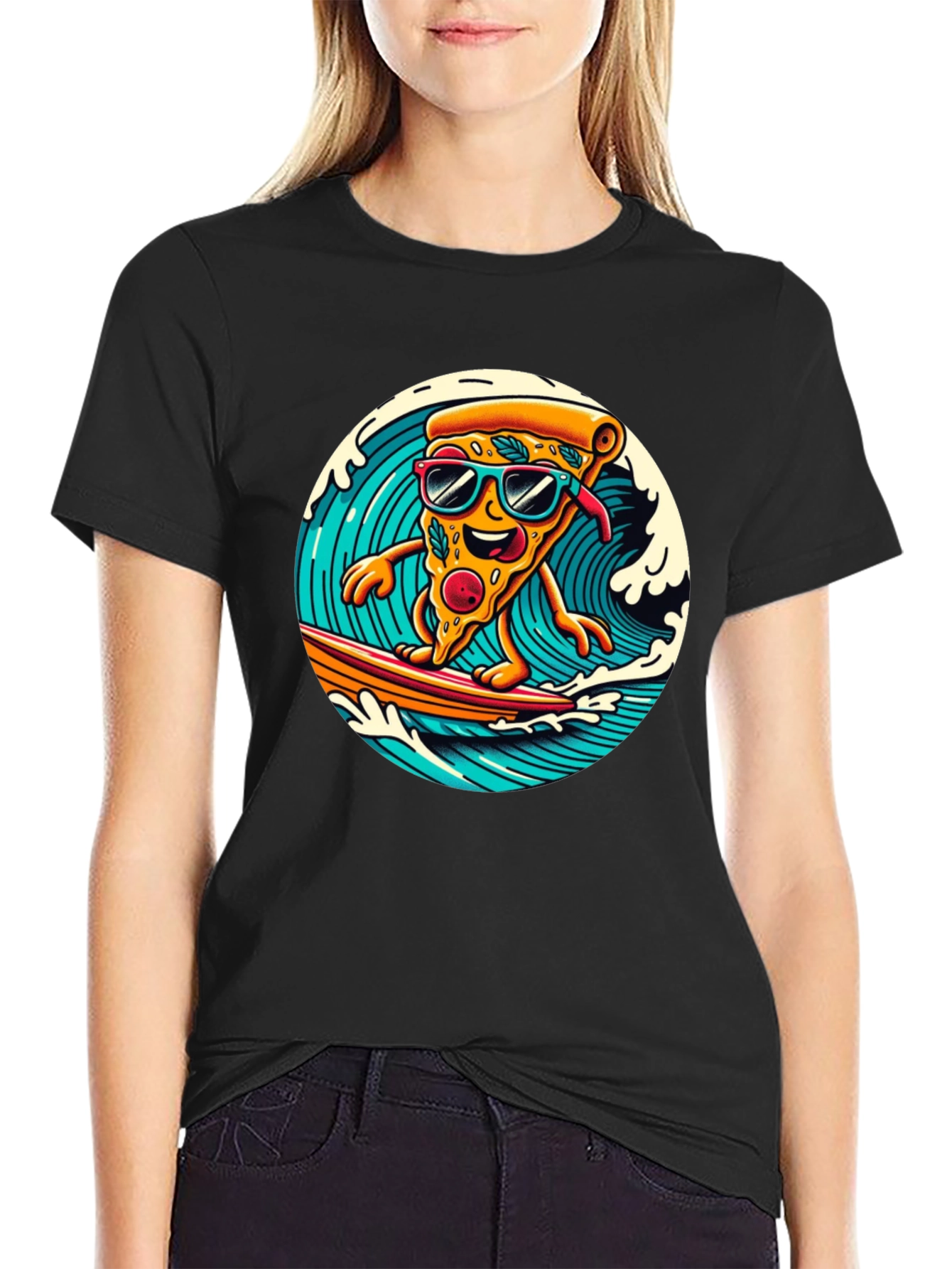Surfing Pizza T-Shirt - Black