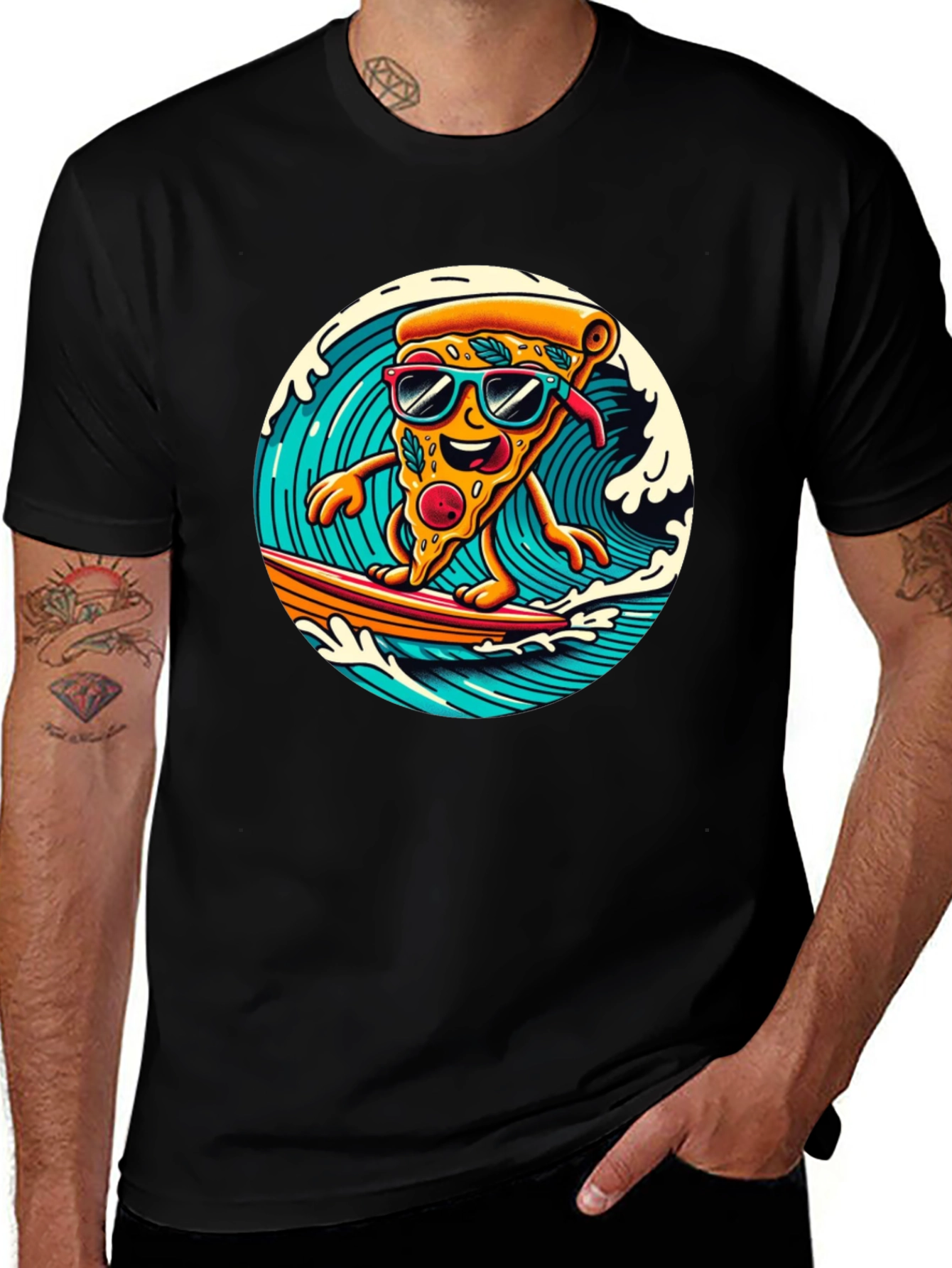 Surfing Pizza T-Shirt - Black