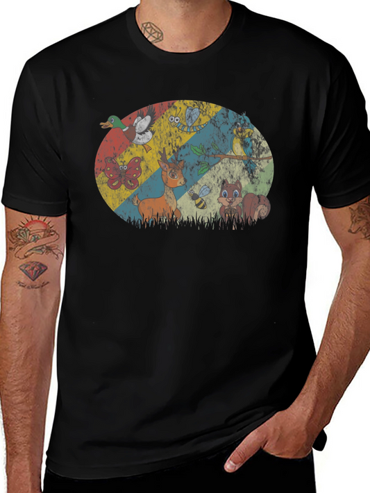 Retro Animals Graphic Print Black T-Shirt