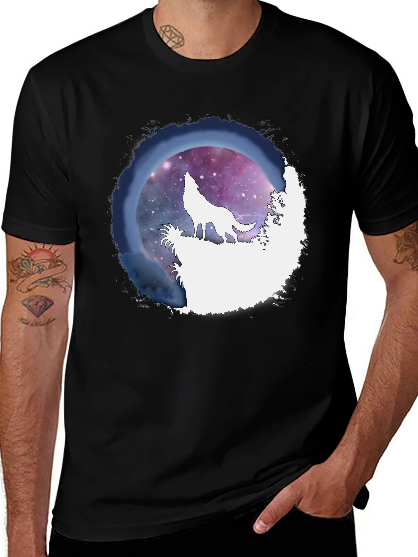 Wolf Howl Galaxy Print Black T-Shirt