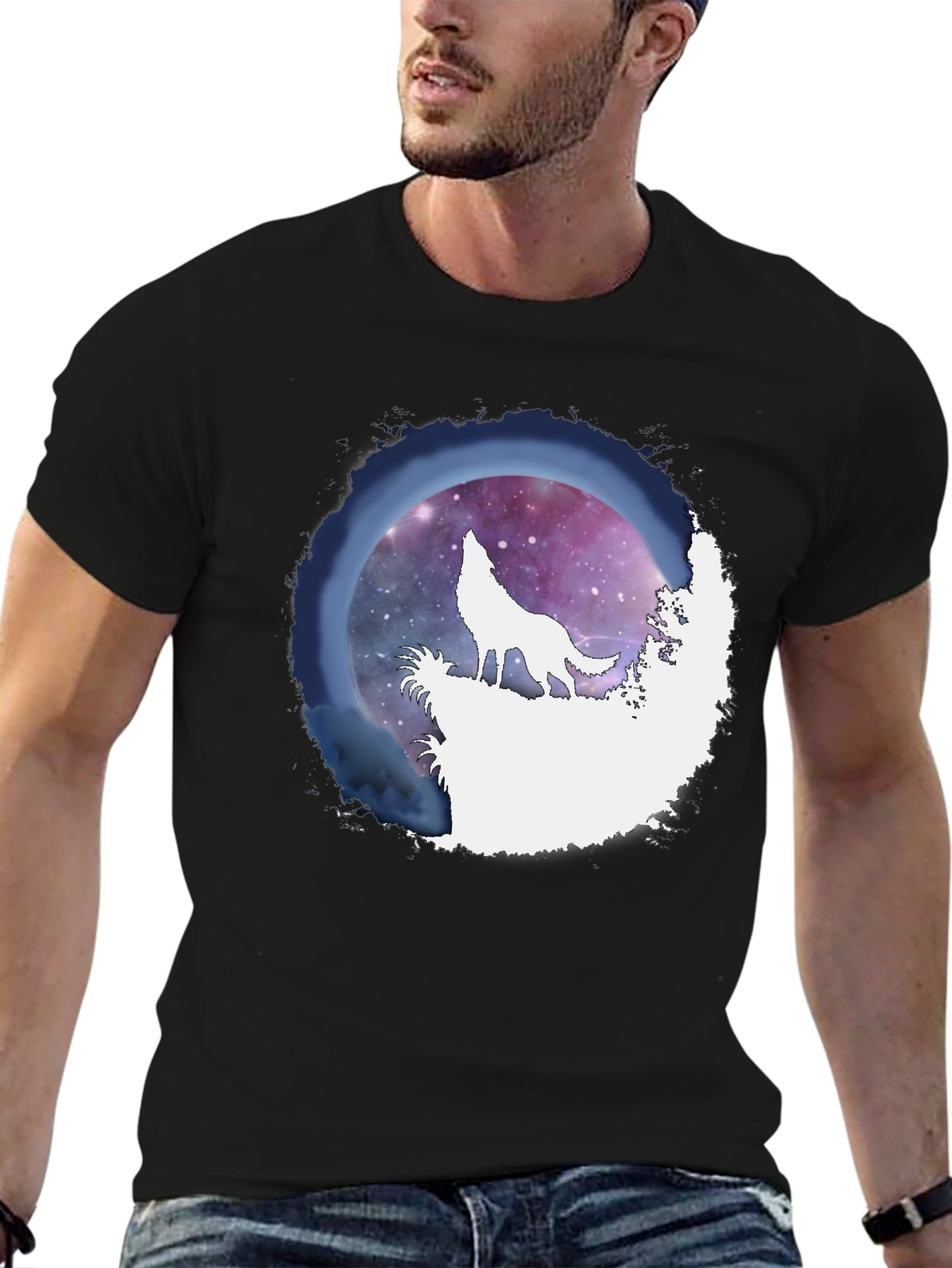 Wolf Howl Galaxy Print Black T-Shirt