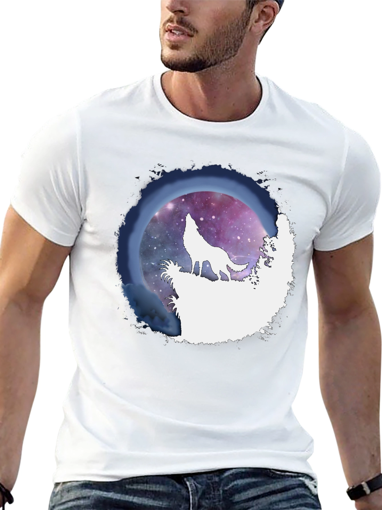 Wolf Howl Galaxy Print Black T-Shirt