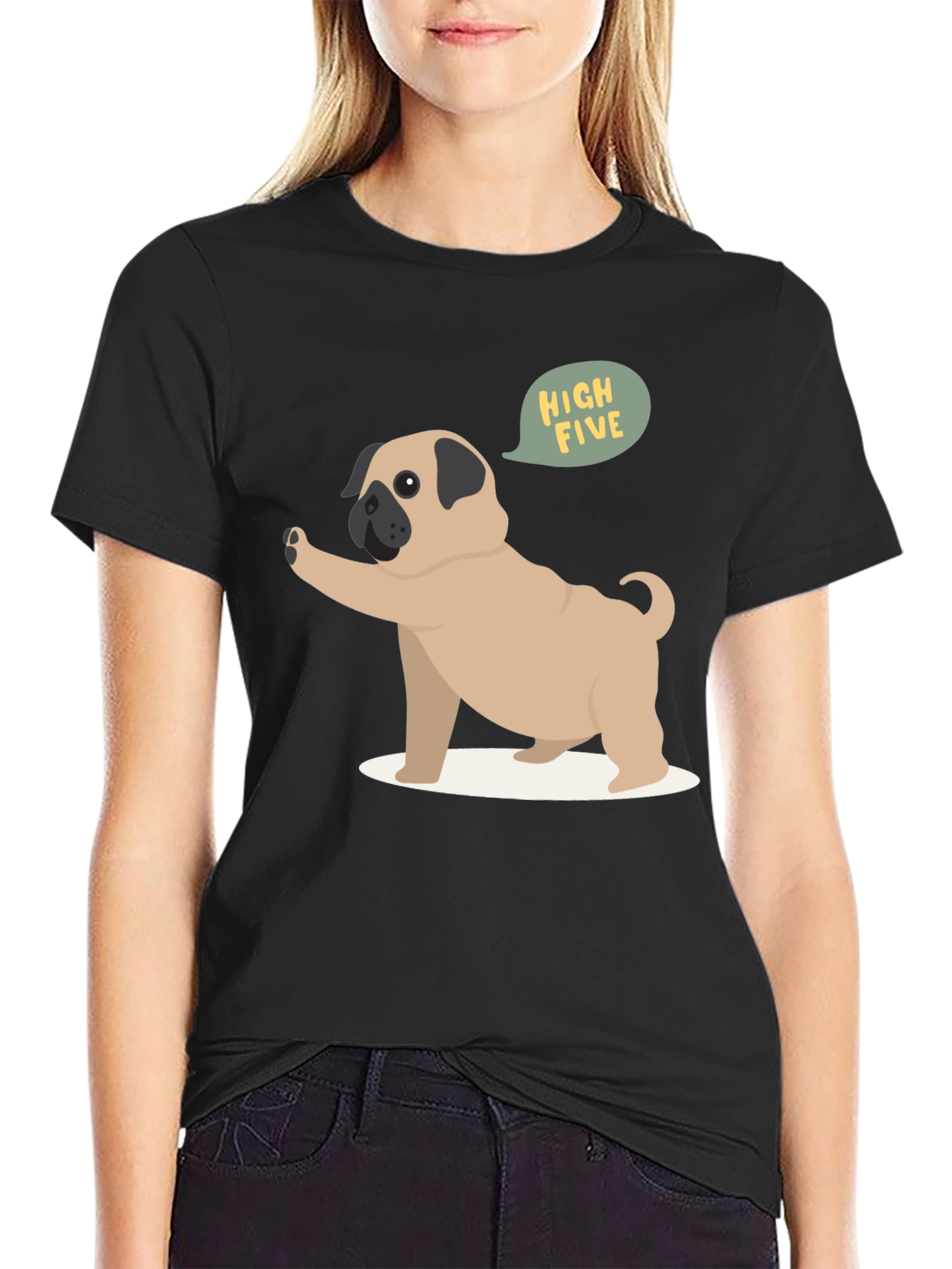 Pug High Five Graphic Tee - Black