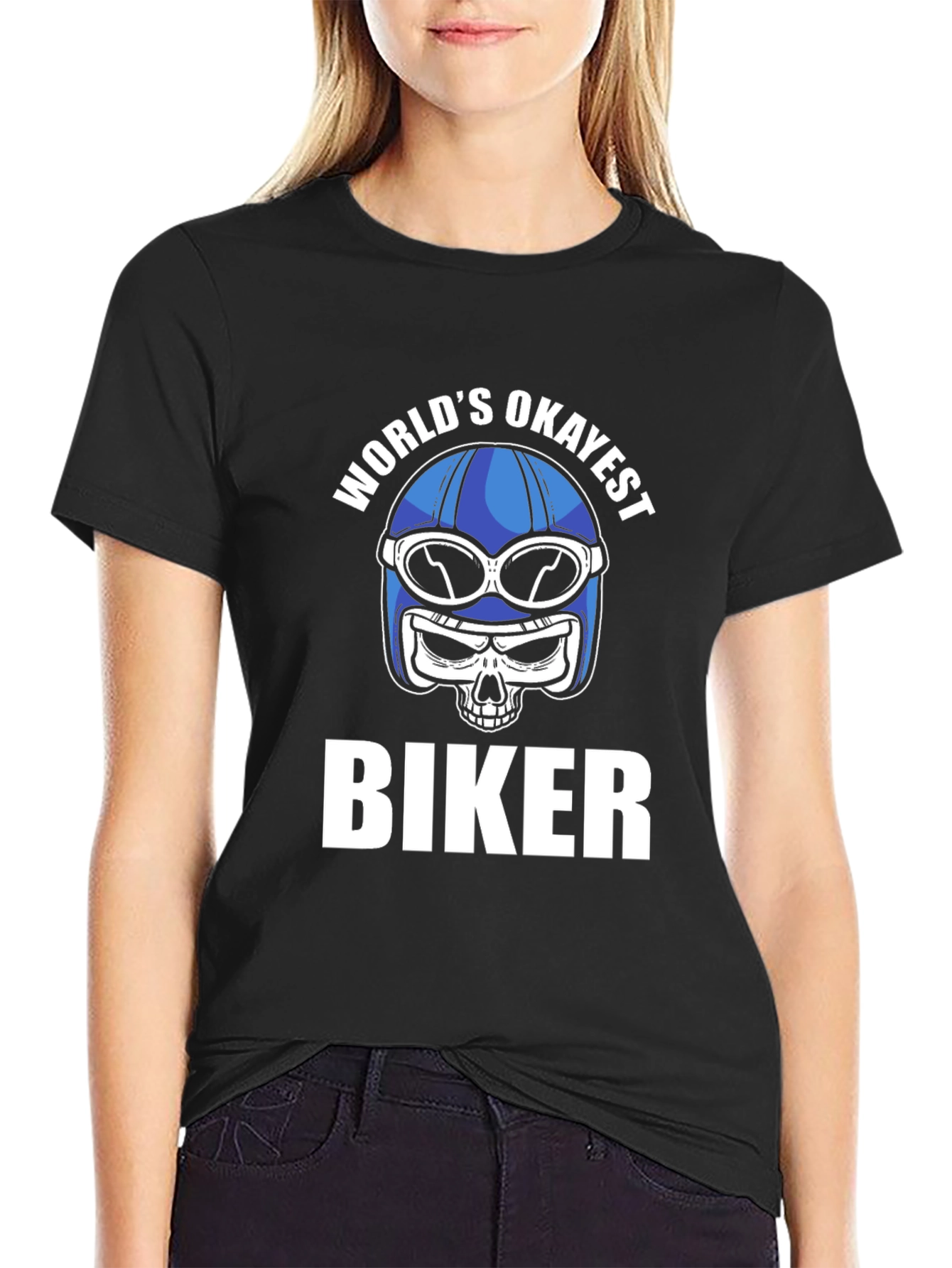 Worlds Okayest Biker T-Shirt - Skull Helmet Design