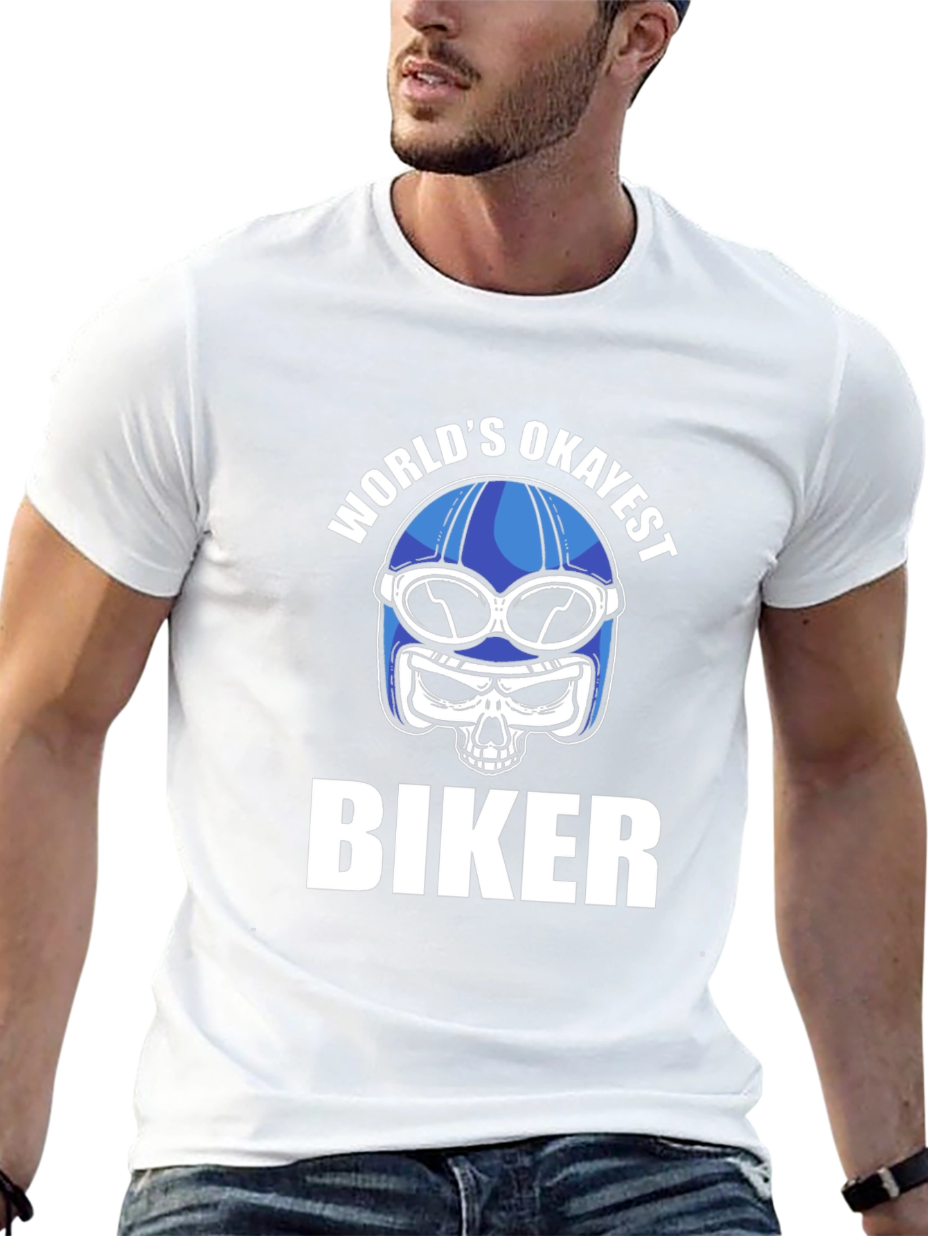 Worlds Okayest Biker T-Shirt - Skull Helmet Design