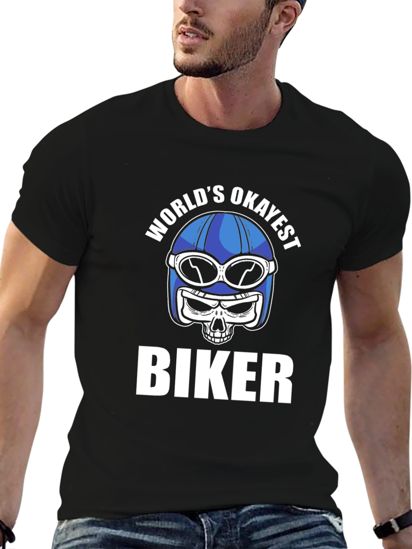 Worlds Okayest Biker T-Shirt - Skull Helmet Design