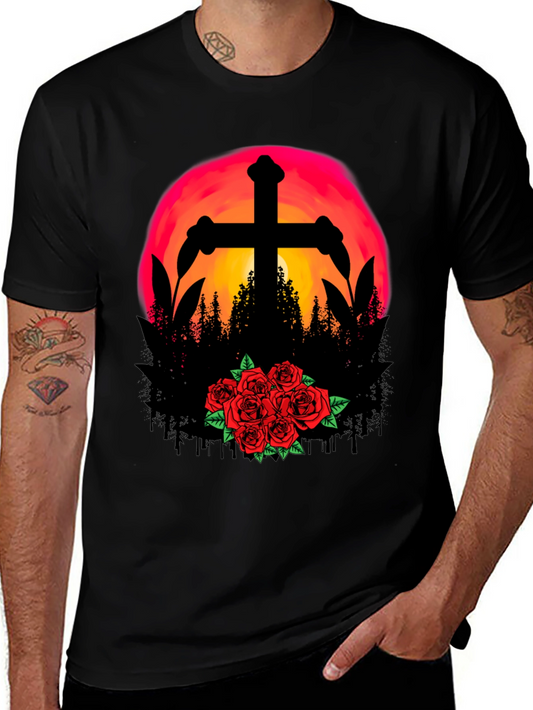 Sunset Cross & Roses Graphic Tee - Black T-Shirt