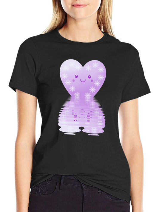 Cute Heart Snowflake Graphic Tee - Black Cotton Blend