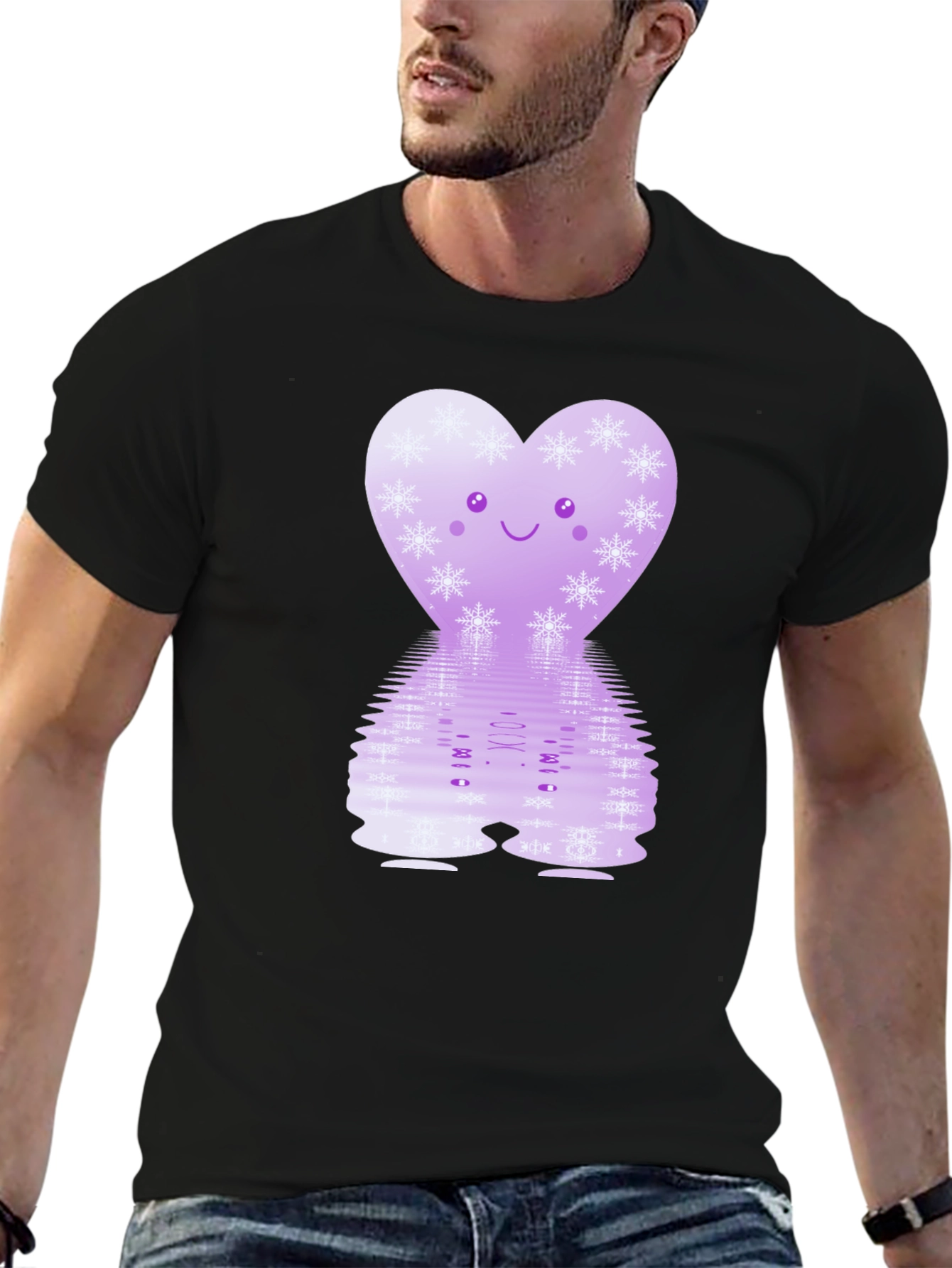 Cute Heart Snowflake Graphic Tee - Black Cotton Blend