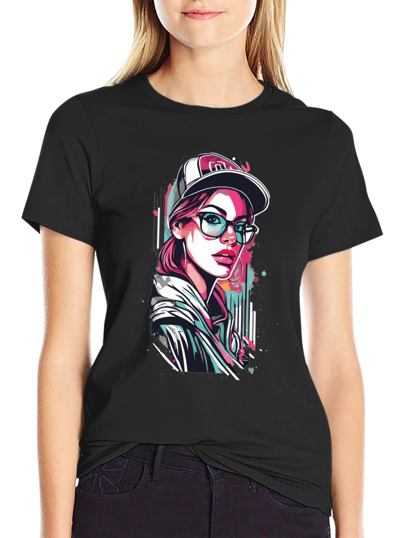 Stylish Woman Graphic Print Black T-Shirt