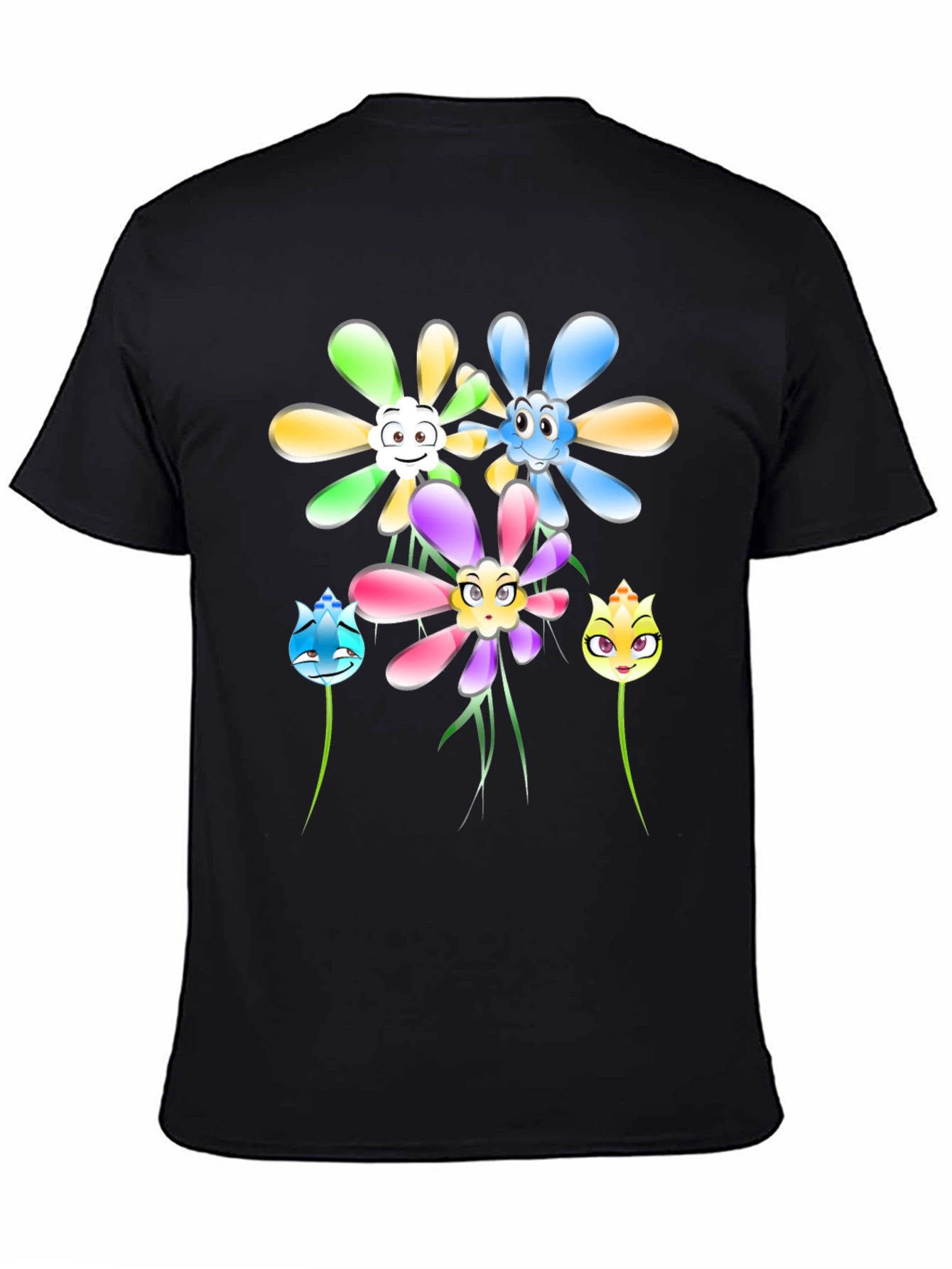 Cartoon Flower Graphic Tee - Black