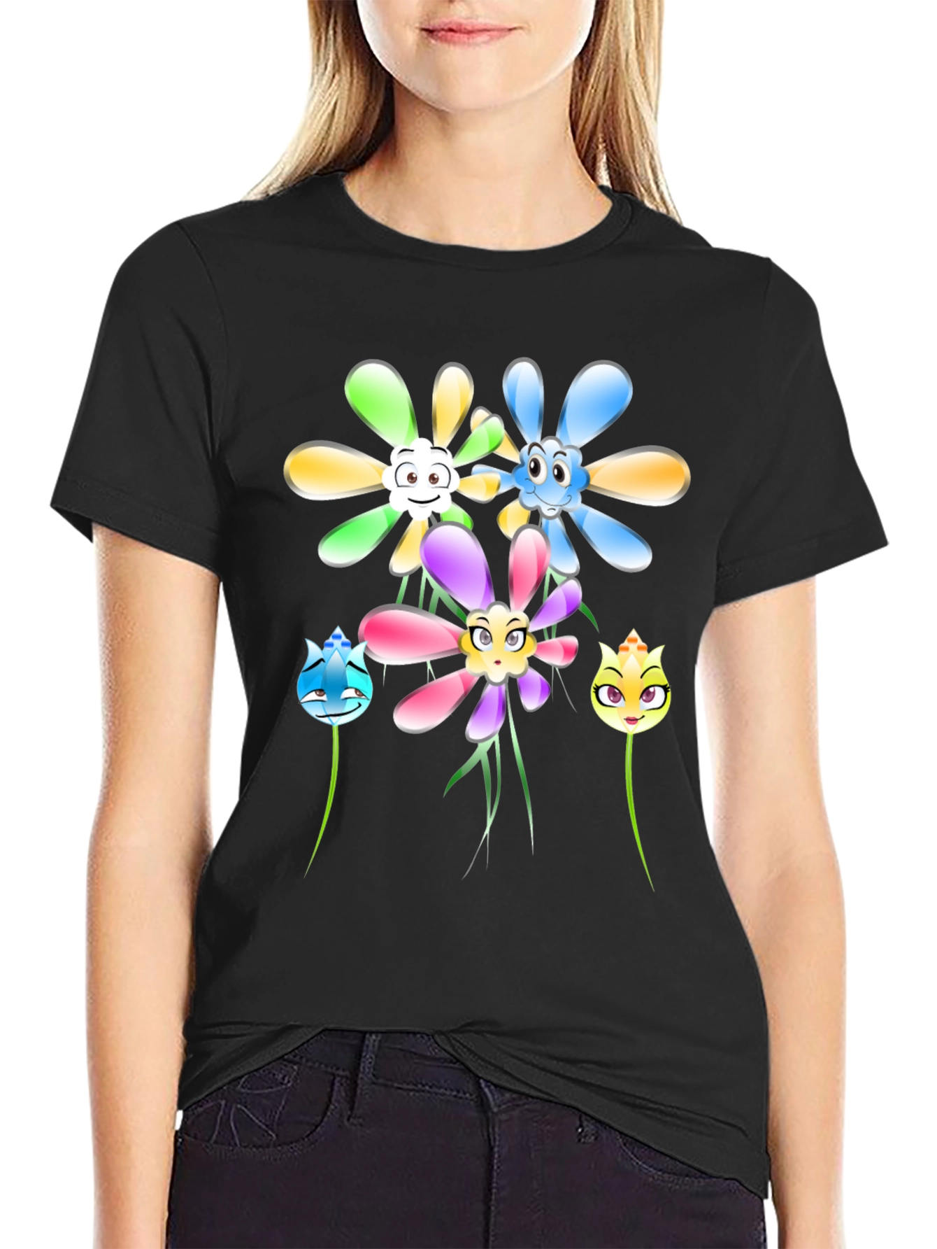 Cartoon Flower Graphic Tee - Black