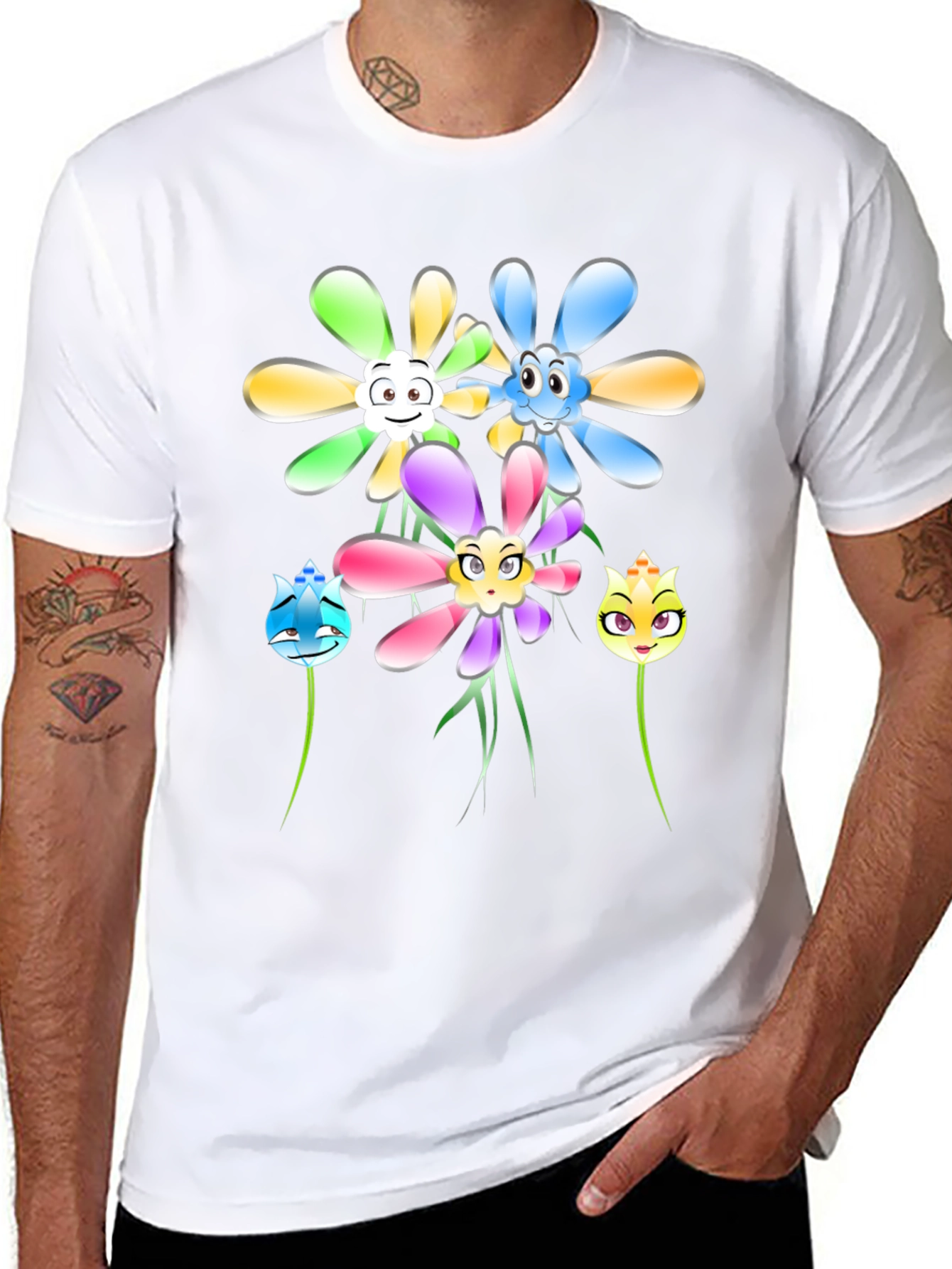 Cartoon Flower Graphic Tee - Black
