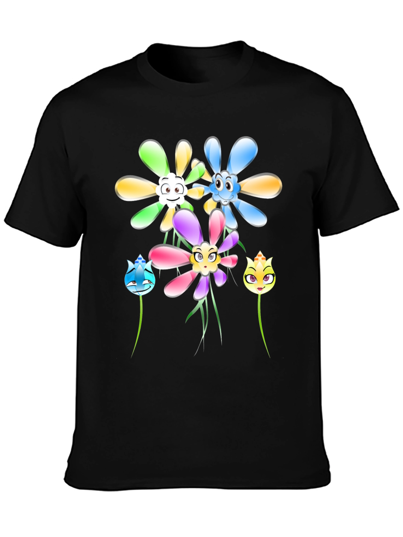 Cartoon Flower Graphic Tee - Black