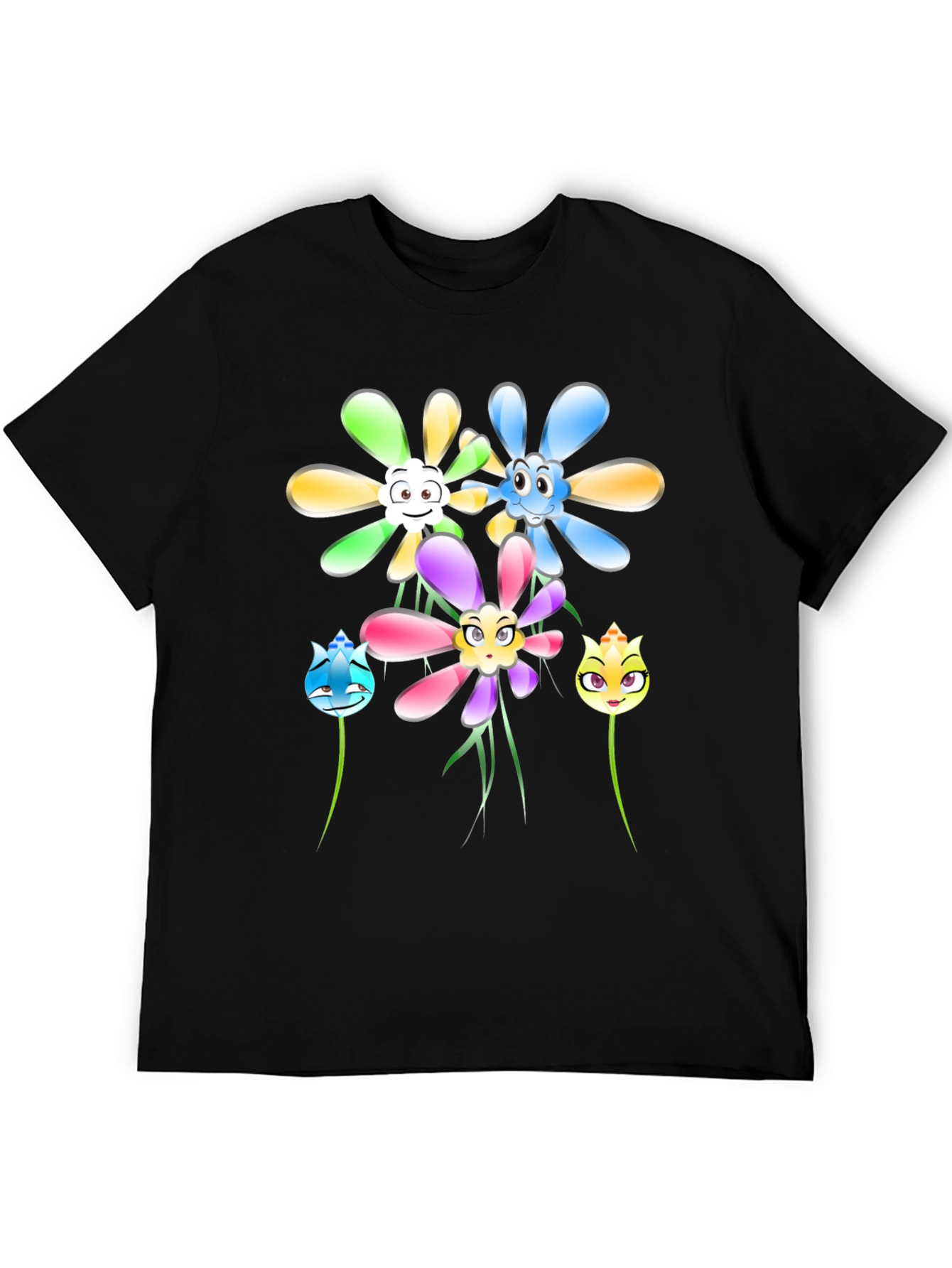 Cartoon Flower Graphic Tee - Black